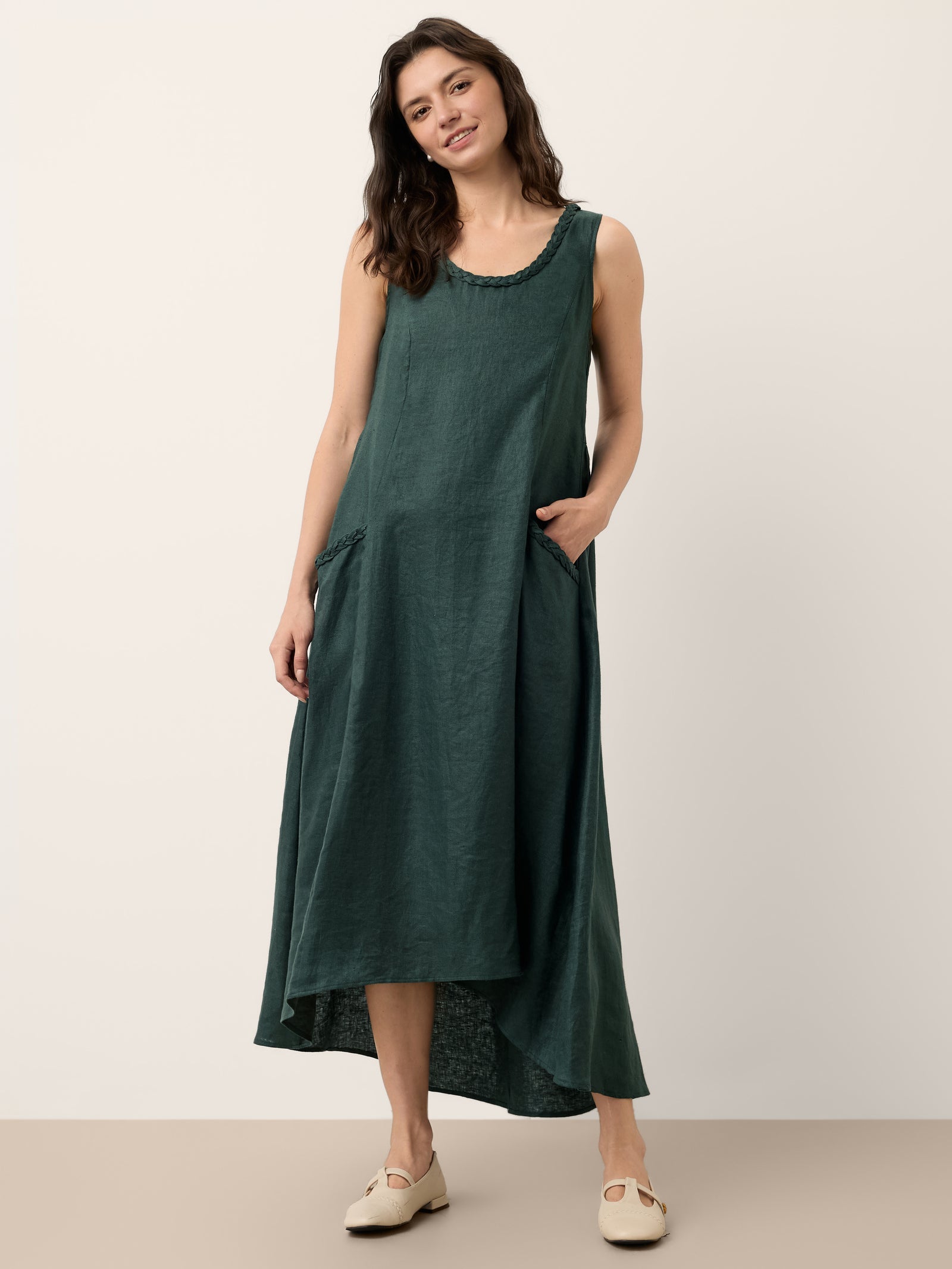 100% Linen Braided Neck Handkerchief Hem Maxi Dress CARISSA