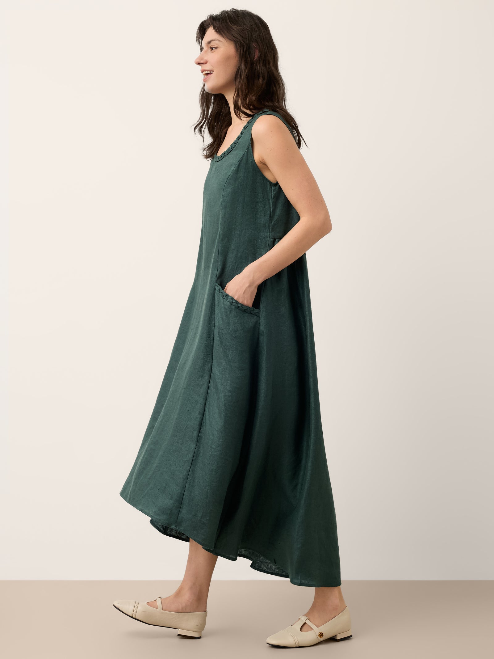 100% Linen Braided Neck Handkerchief Hem Maxi Dress CARISSA