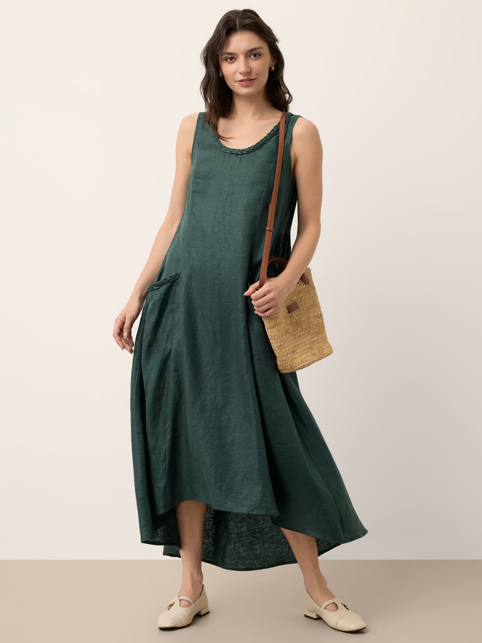100% Linen Braided Neck Handkerchief Hem Maxi Dress CARISSA