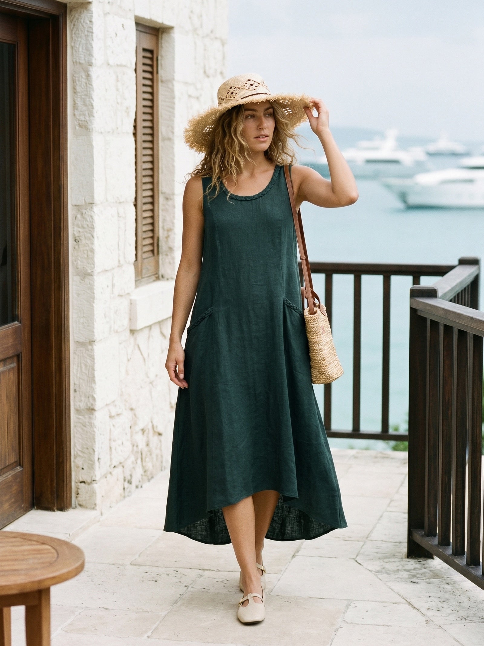 100% Linen Braided Neck Handkerchief Hem Maxi Dress CARISSA
