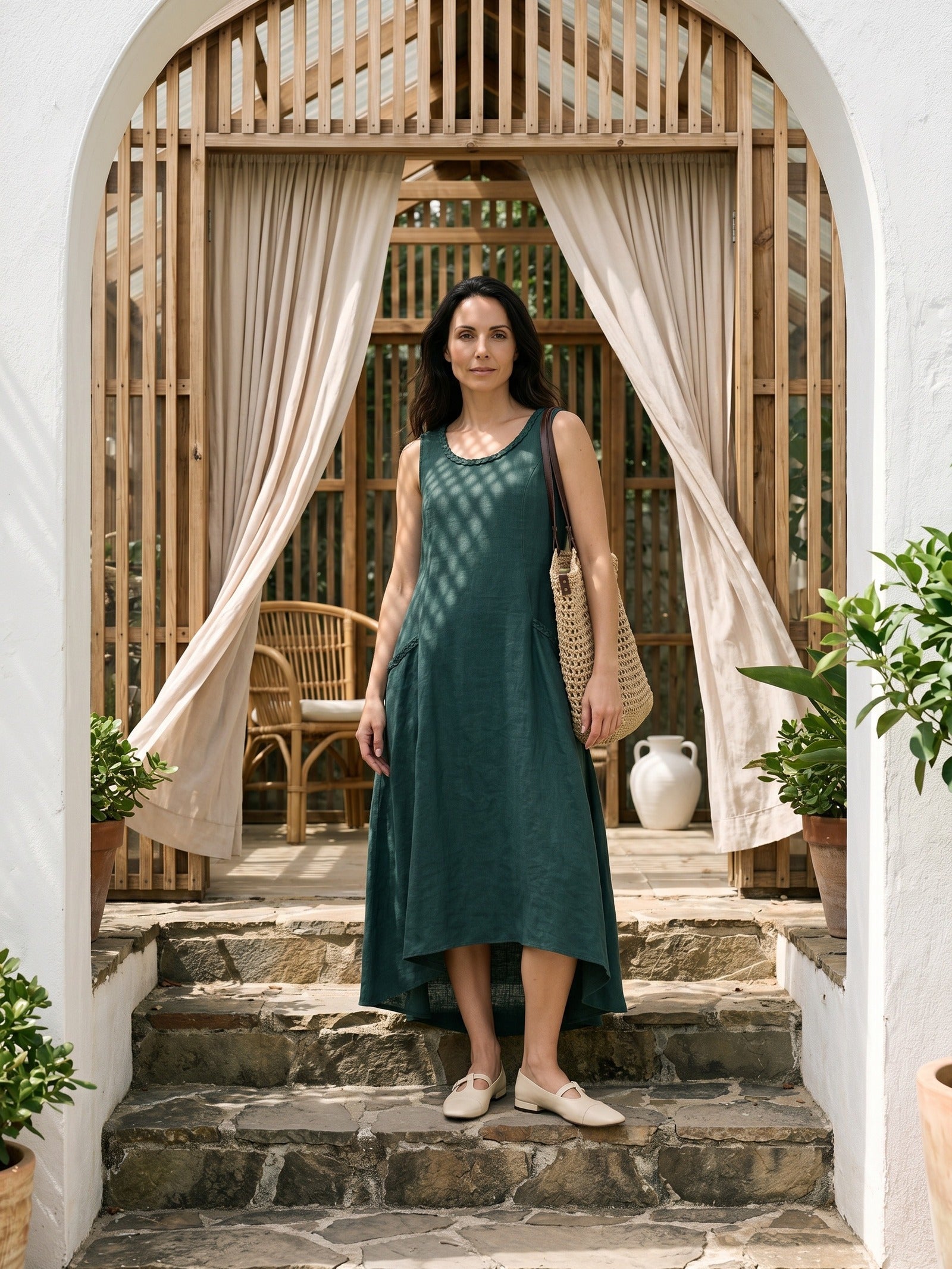 100% Linen Braided Neck Handkerchief Hem Maxi Dress CARISSA