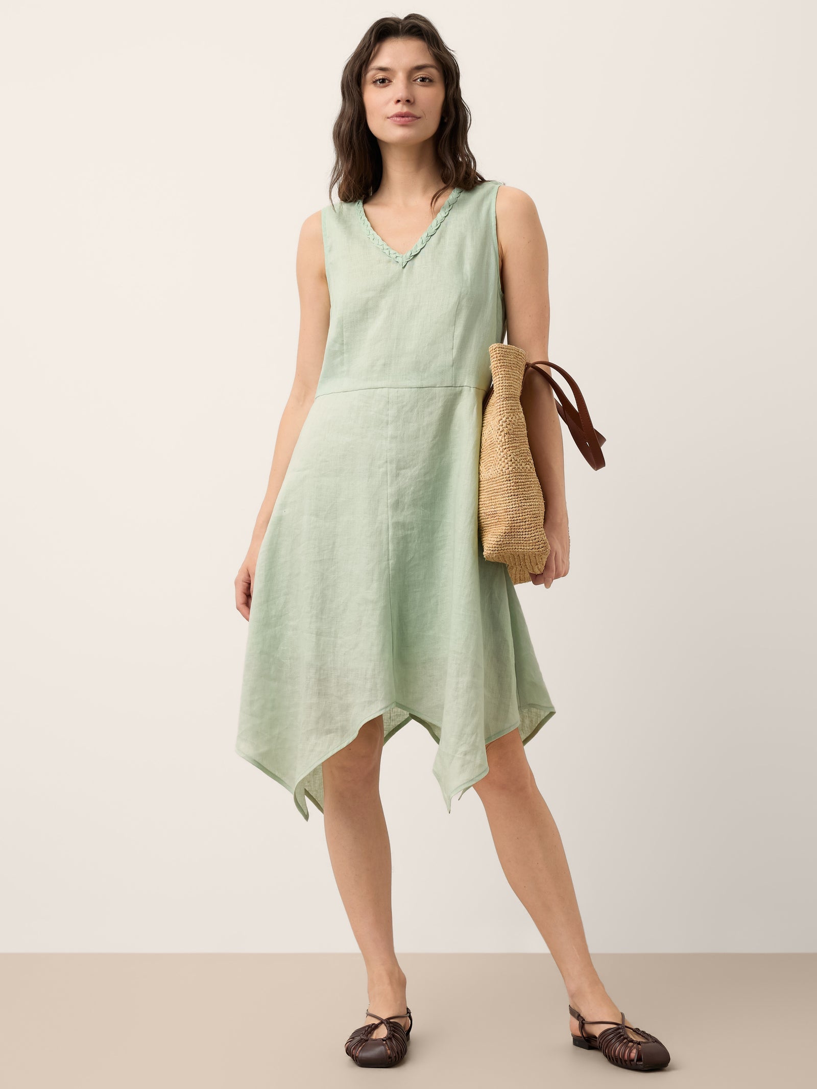 100% Linen Braided V Neck Handkerchief Hem Mini Dress ANNORA