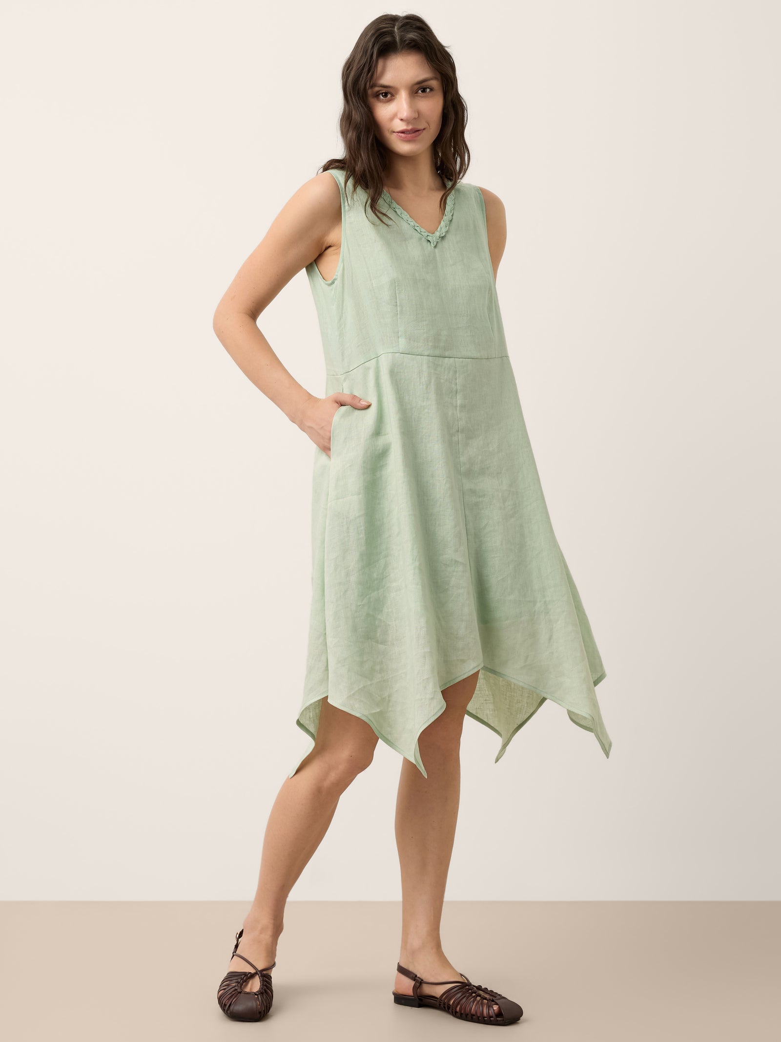 100% Linen Braided V Neck Handkerchief Hem Mini Dress ANNORA