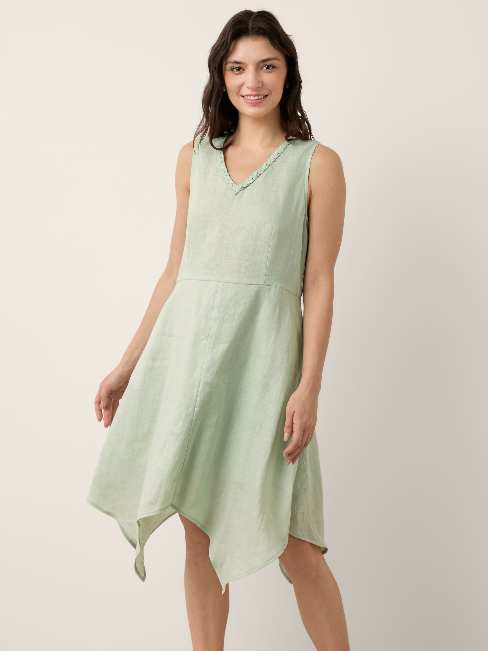 100% Linen Braided V Neck Handkerchief Hem Mini Dress ANNORA