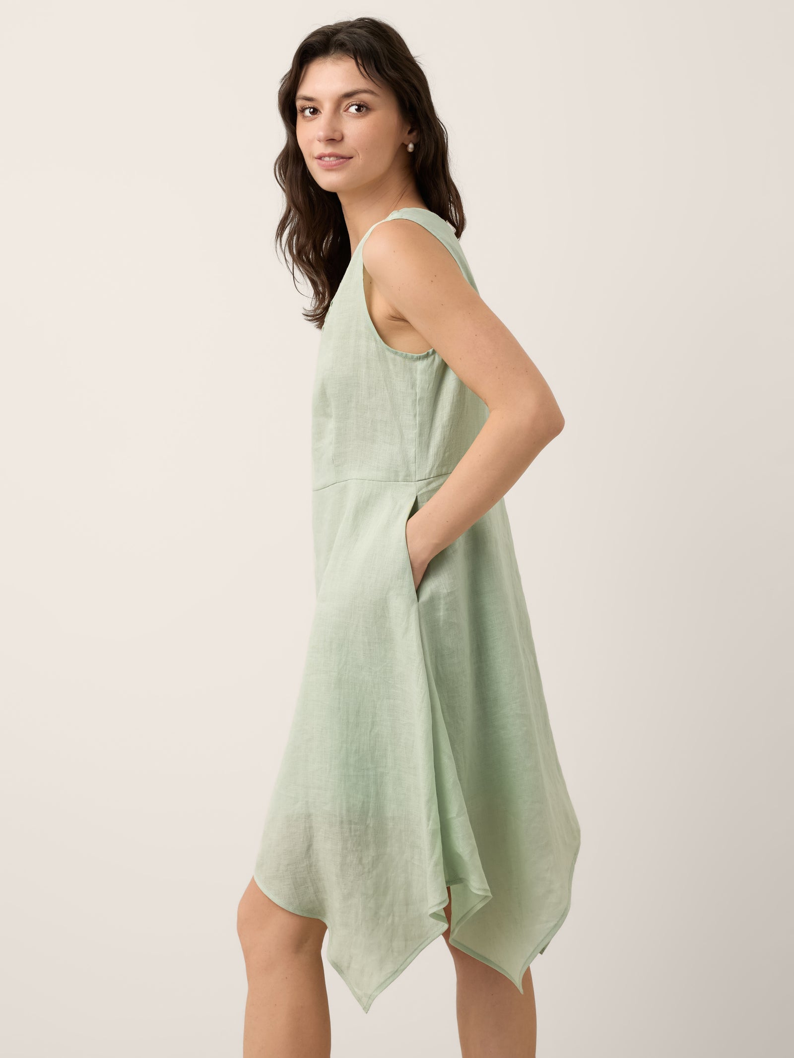 100% Linen Braided V Neck Handkerchief Hem Mini Dress ANNORA