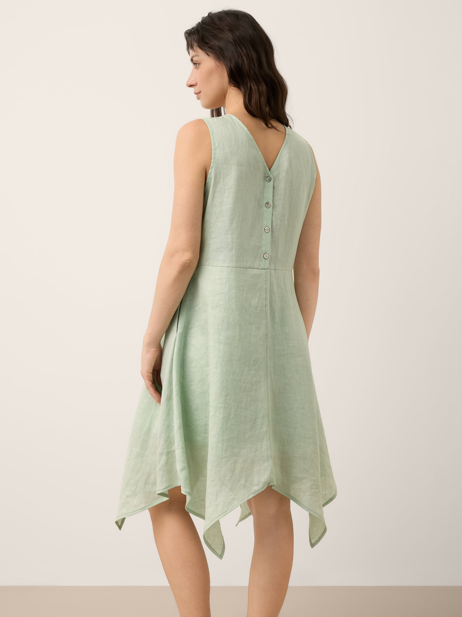 100% Linen Braided V Neck Handkerchief Hem Mini Dress ANNORA