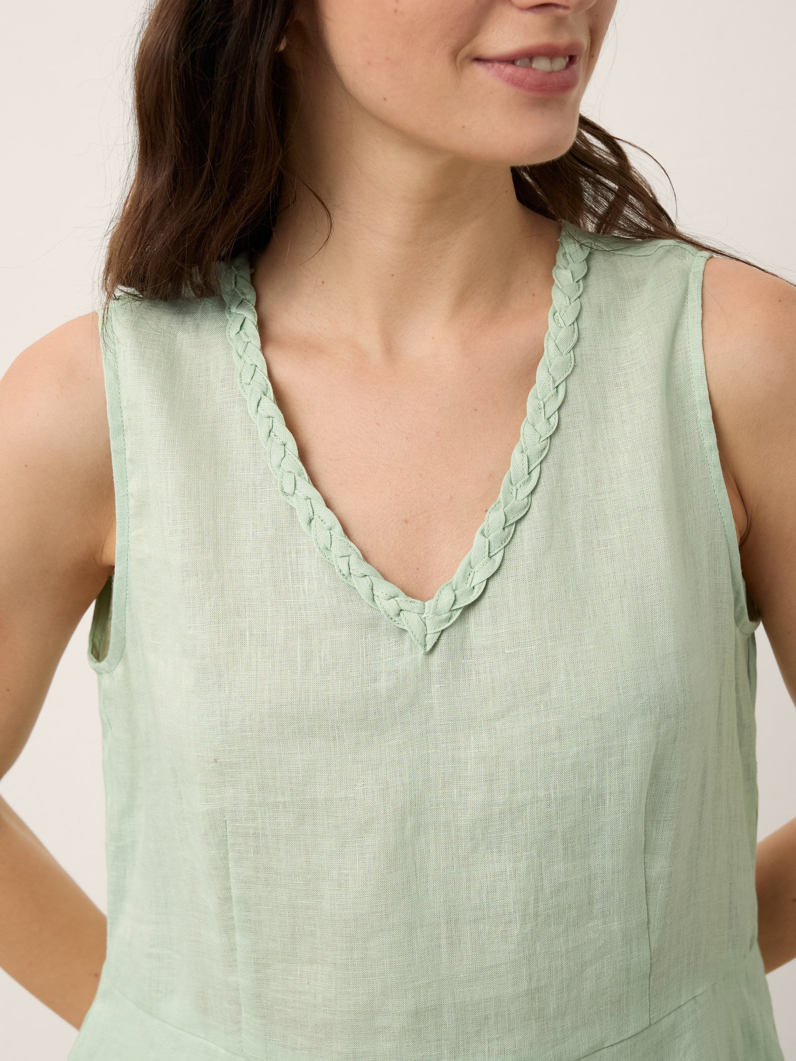 100% Linen Braided V Neck Handkerchief Hem Mini Dress ANNORA