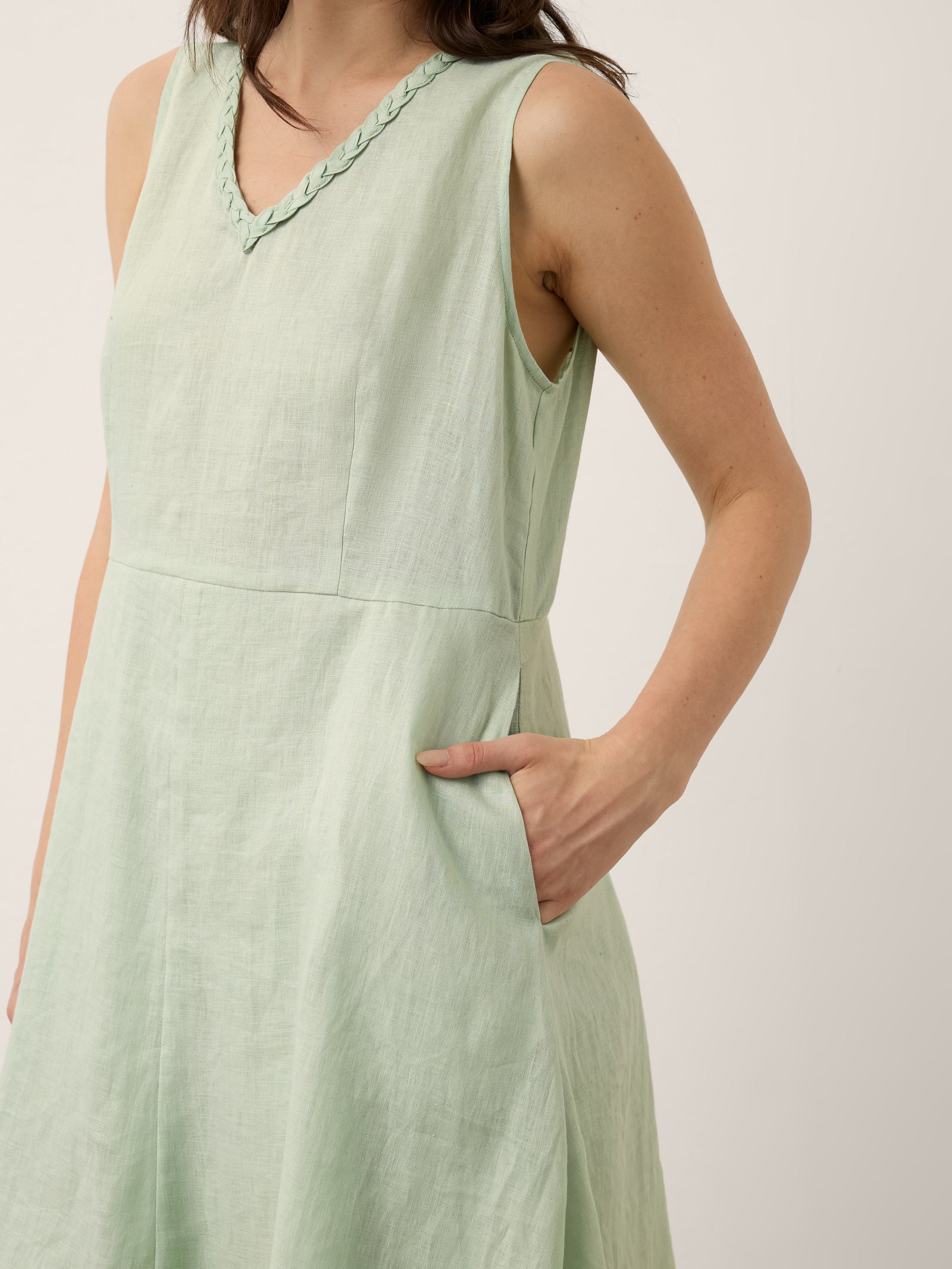 100% Linen Braided V Neck Handkerchief Hem Mini Dress ANNORA