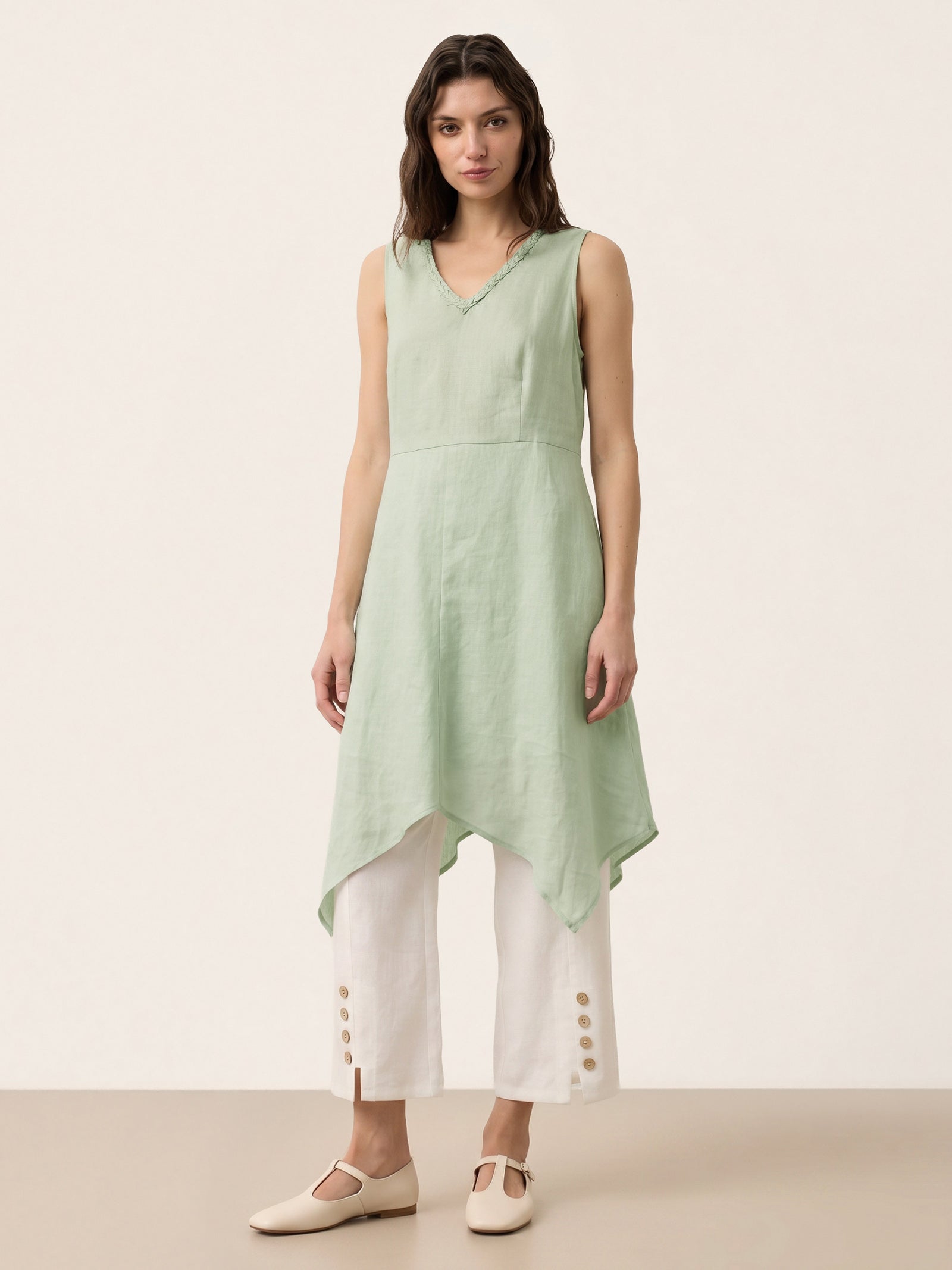 100% Linen Braided V Neck Handkerchief Hem Mini Dress ANNORA
