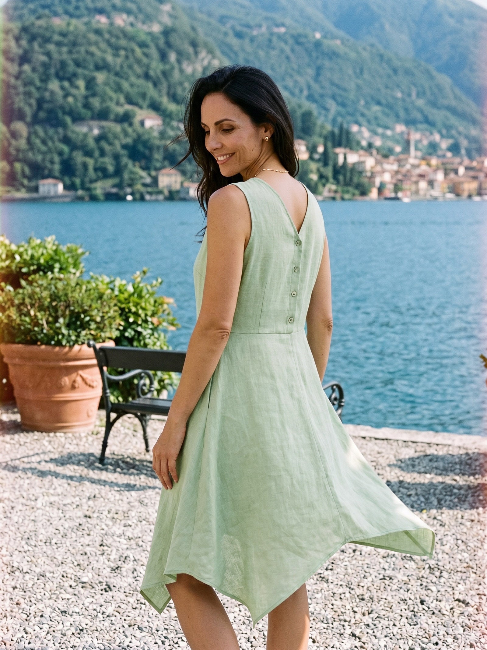 100% Linen Braided V Neck Handkerchief Hem Mini Dress ANNORA
