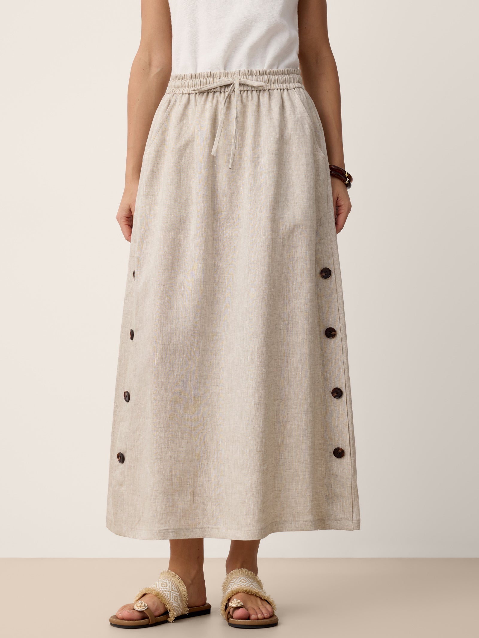 100% Linen Button-Trim Slit Skirt ASTRA