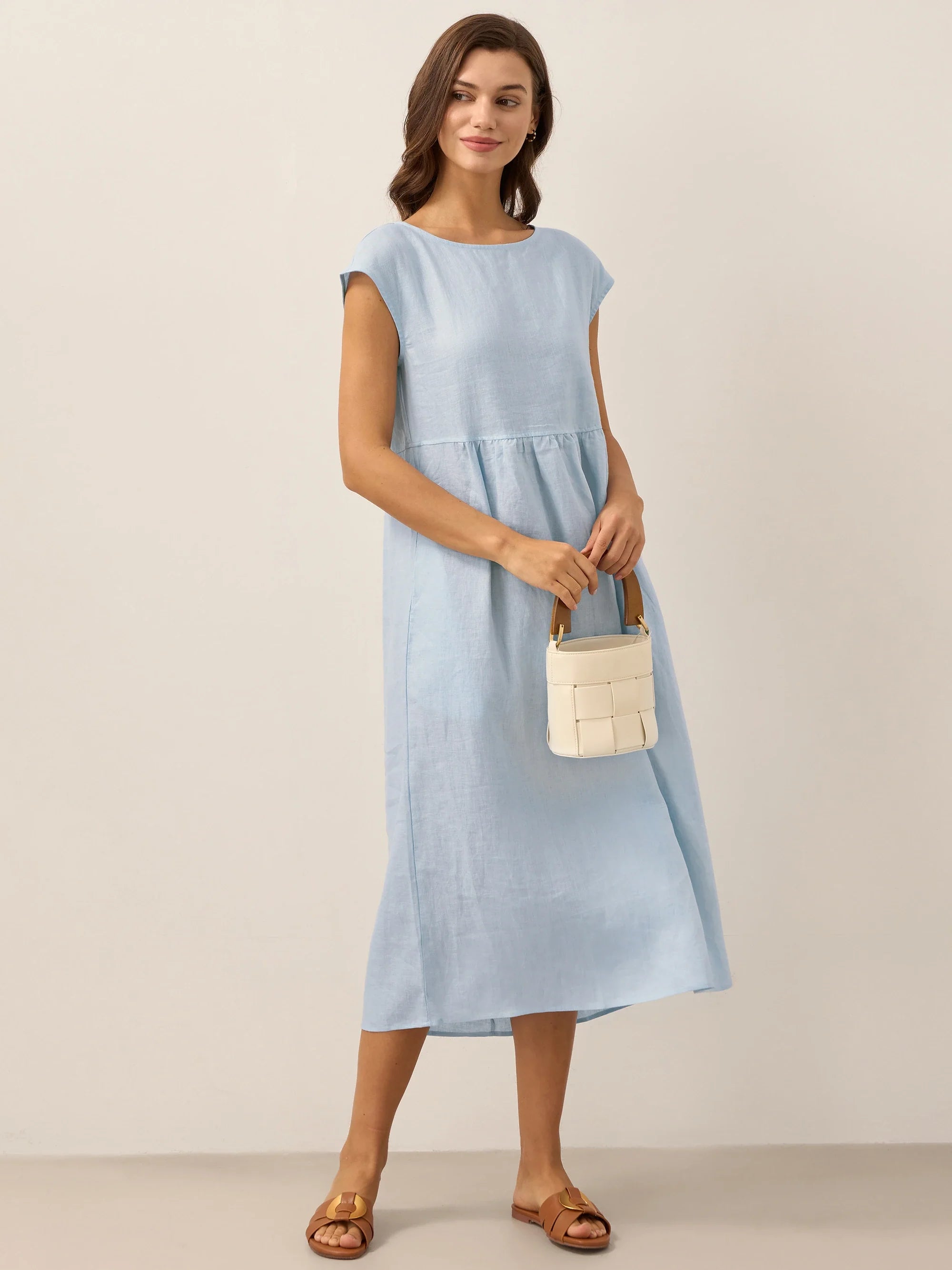 Linen Striped Cap Sleeve Washed Maxi Dress JOAN