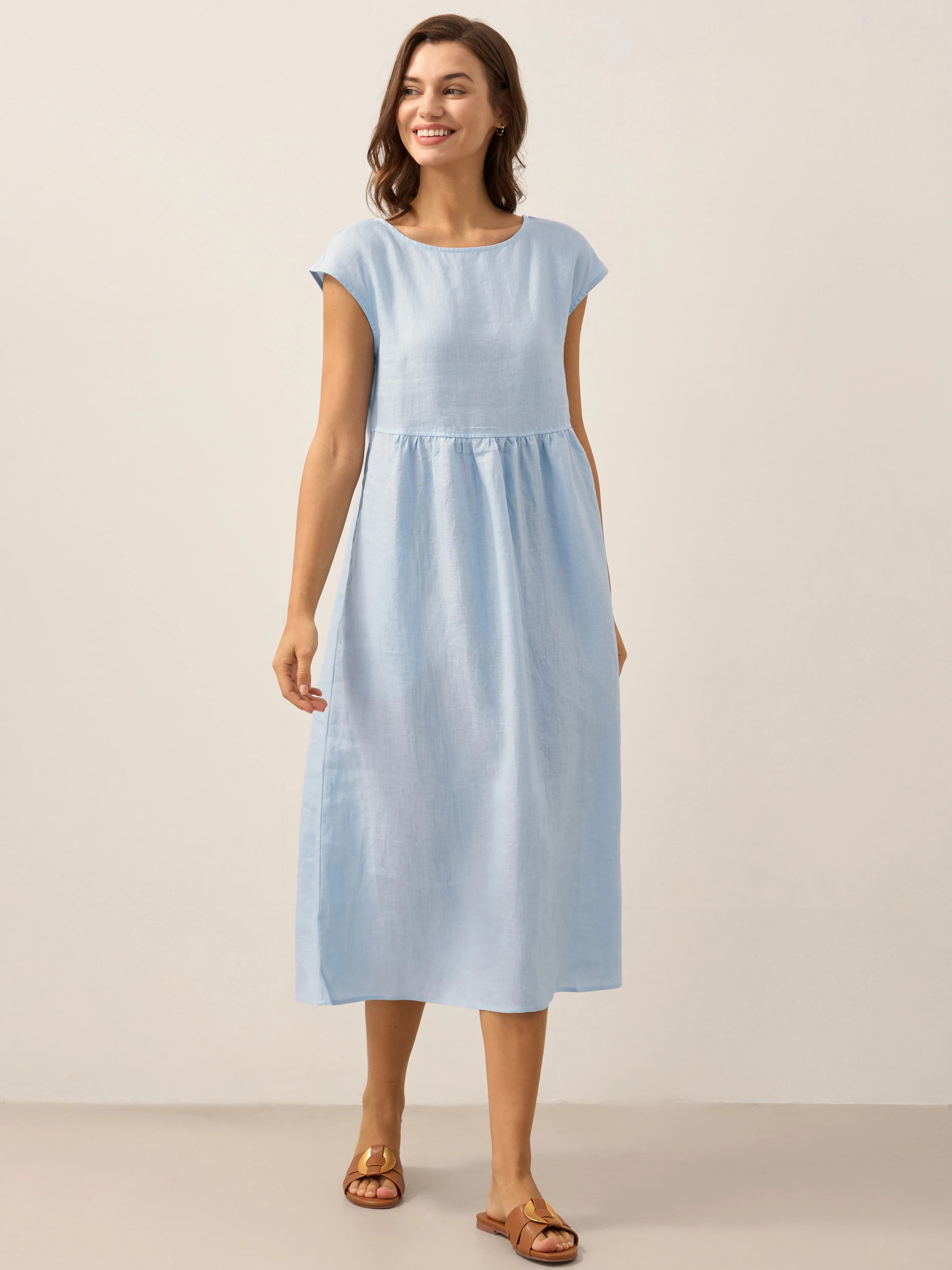 Linen Striped Cap Sleeve Washed Maxi Dress JOAN