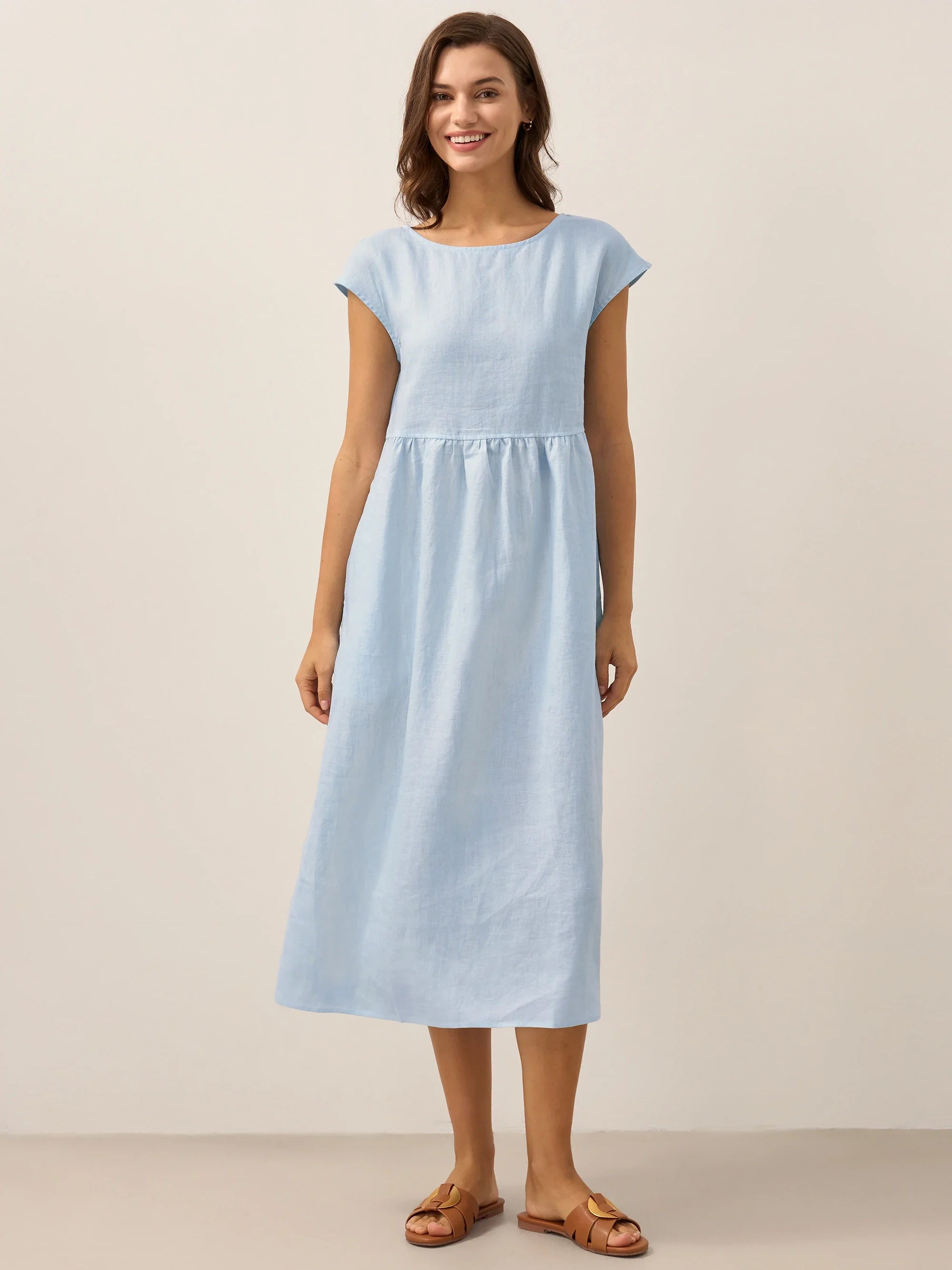 Linen Striped Cap Sleeve Washed Maxi Dress JOAN