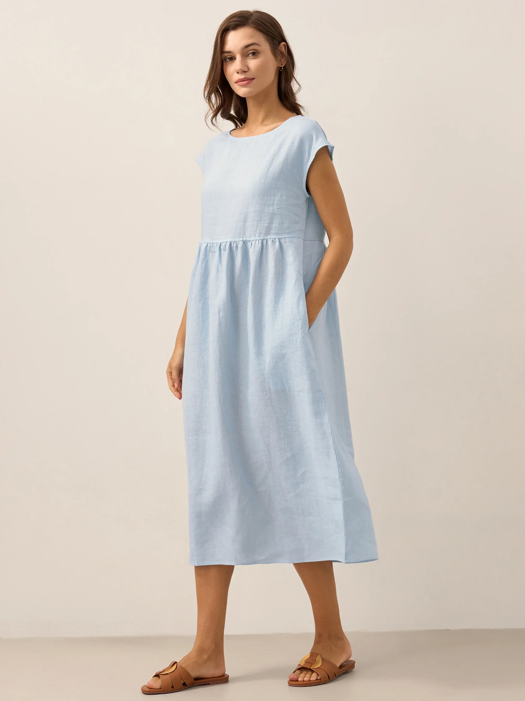 Linen Striped Cap Sleeve Washed Maxi Dress JOAN