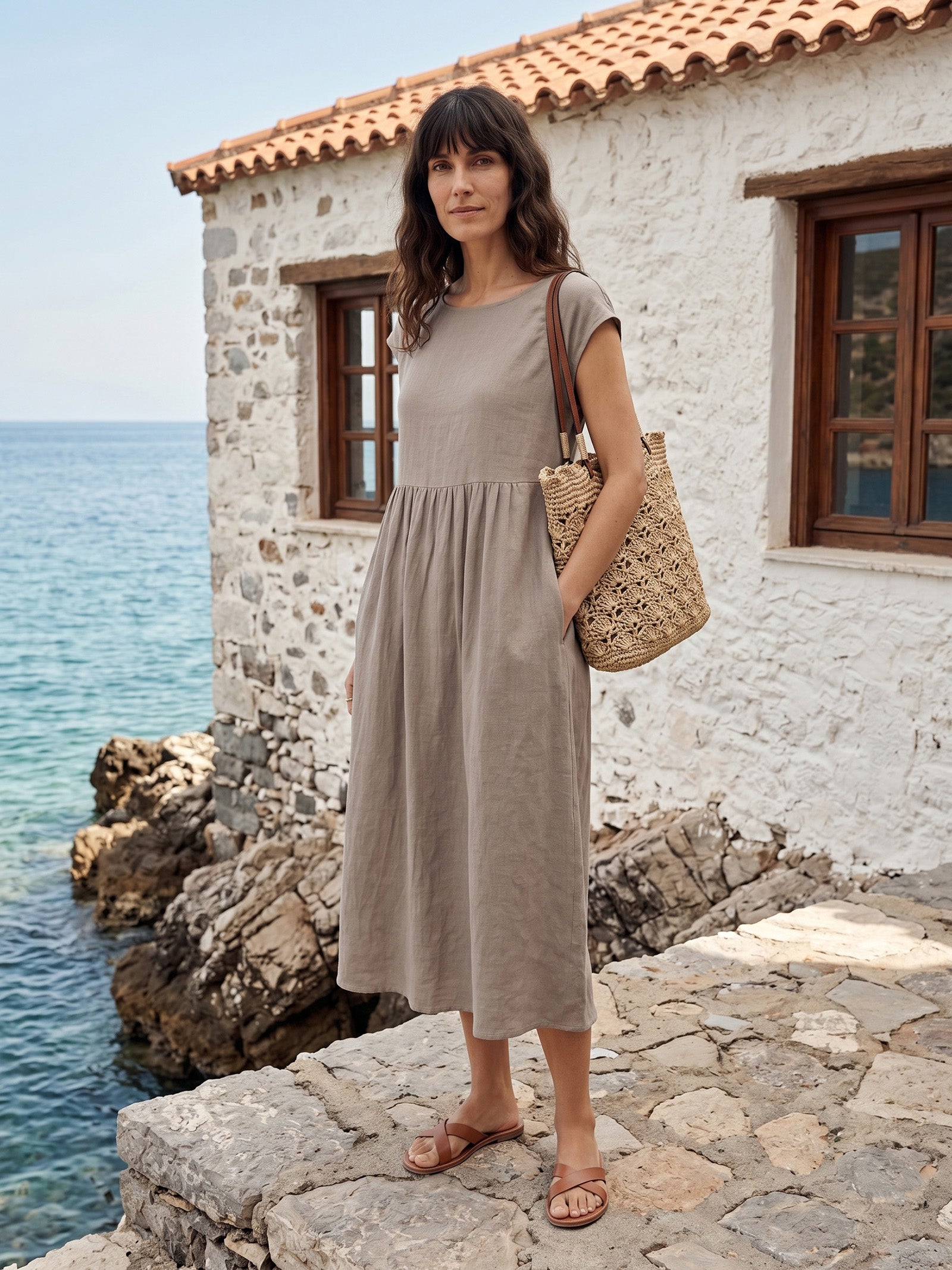 Linen Striped Cap Sleeve Washed Maxi Dress JOAN