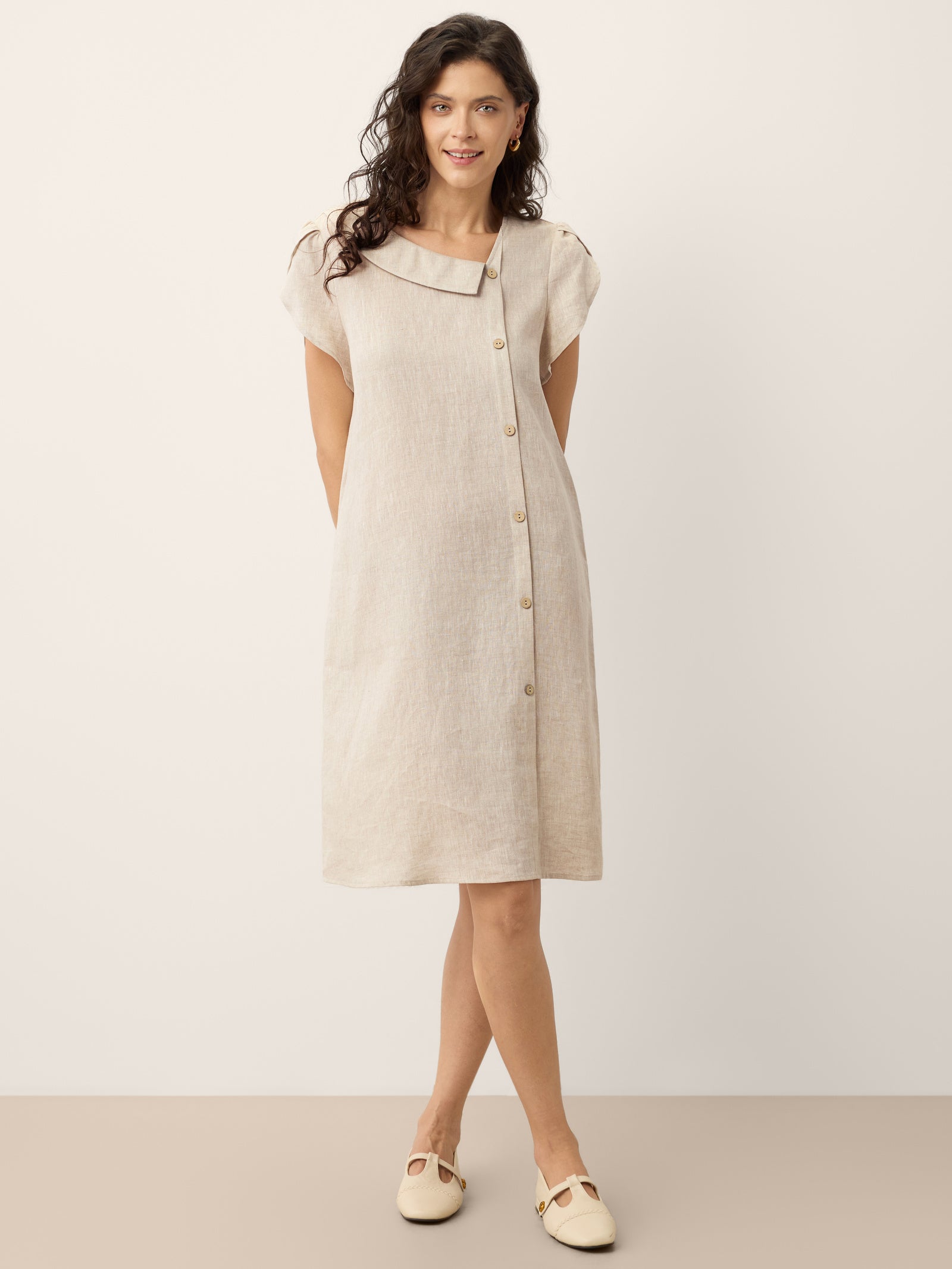 100% Linen Crescent Collar Ruffle Sleeve Mini Dress THERESA