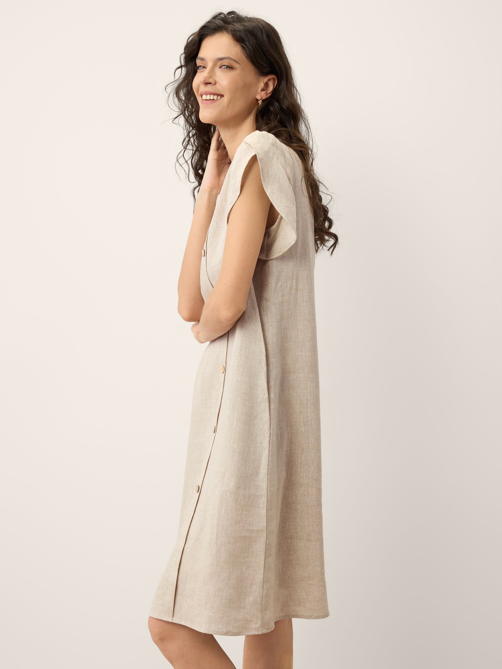 100% Linen Crescent Collar Ruffle Sleeve Mini Dress THERESA