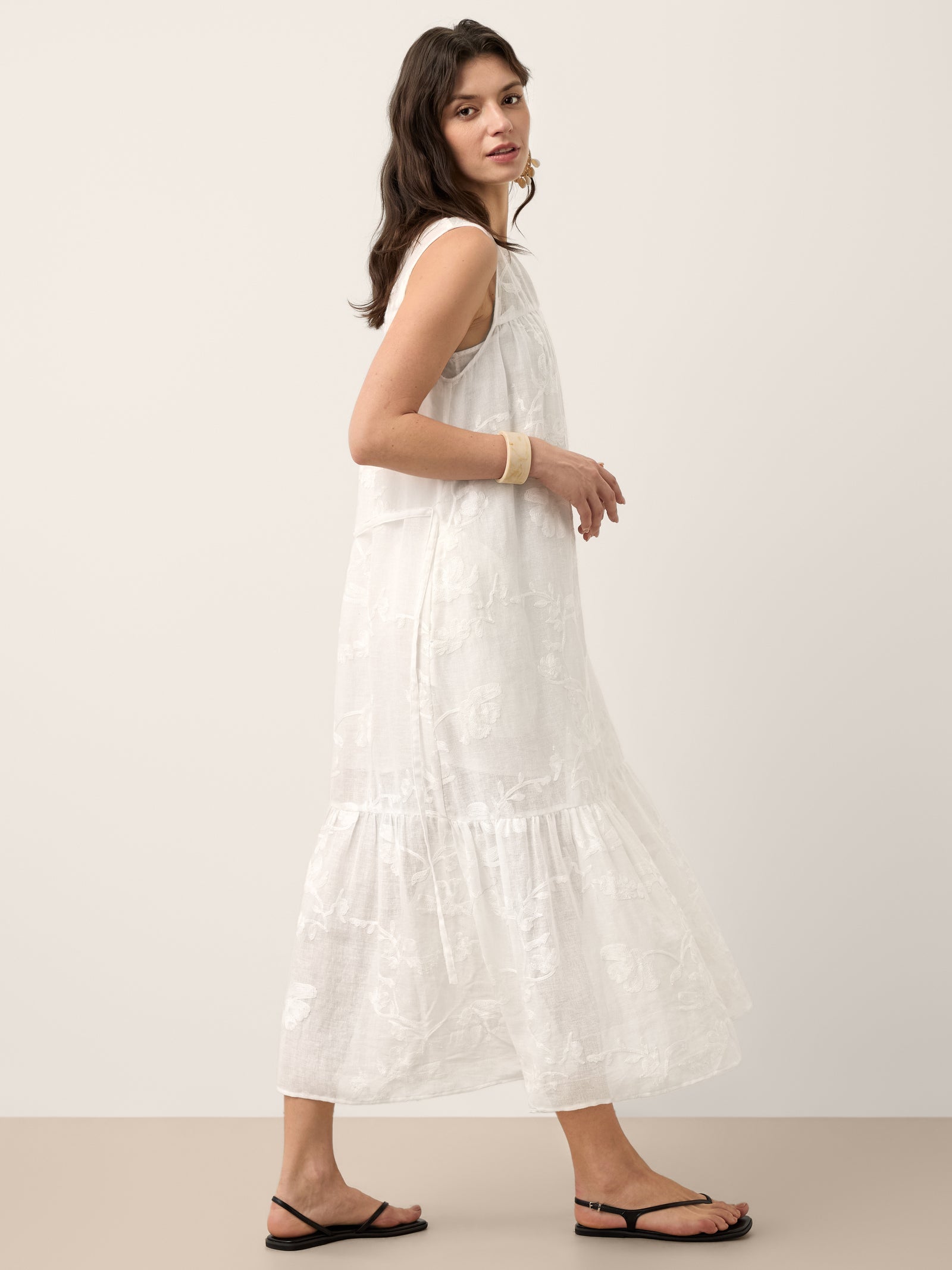 100% Linen Floral Applique Tie-Back Maxi Dress Set with Slip GENEVRA