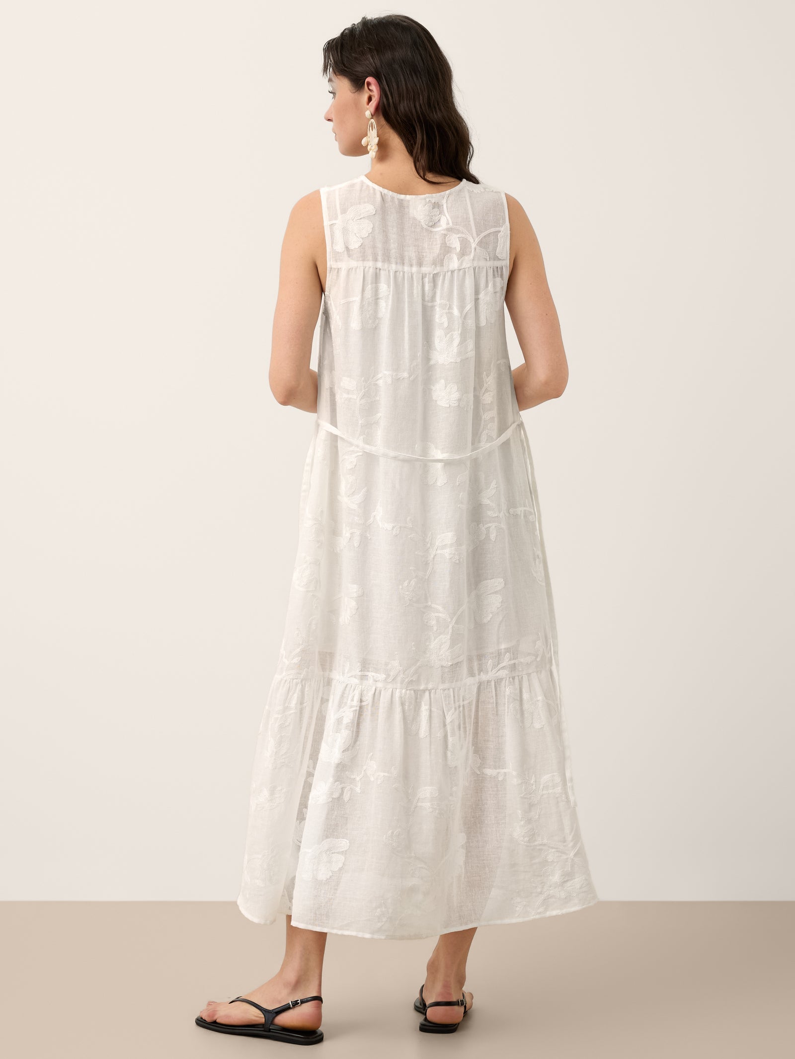 100% Linen Floral Applique Tie-Back Maxi Dress Set with Slip GENEVRA