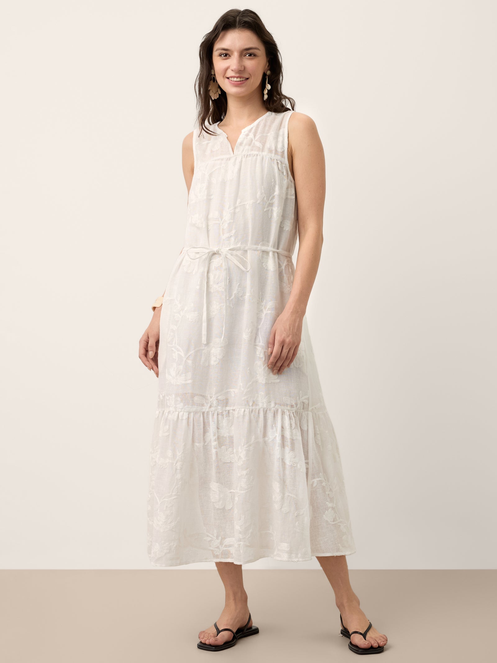 100% Linen Floral Applique Tie-Back Maxi Dress Set with Slip GENEVRA