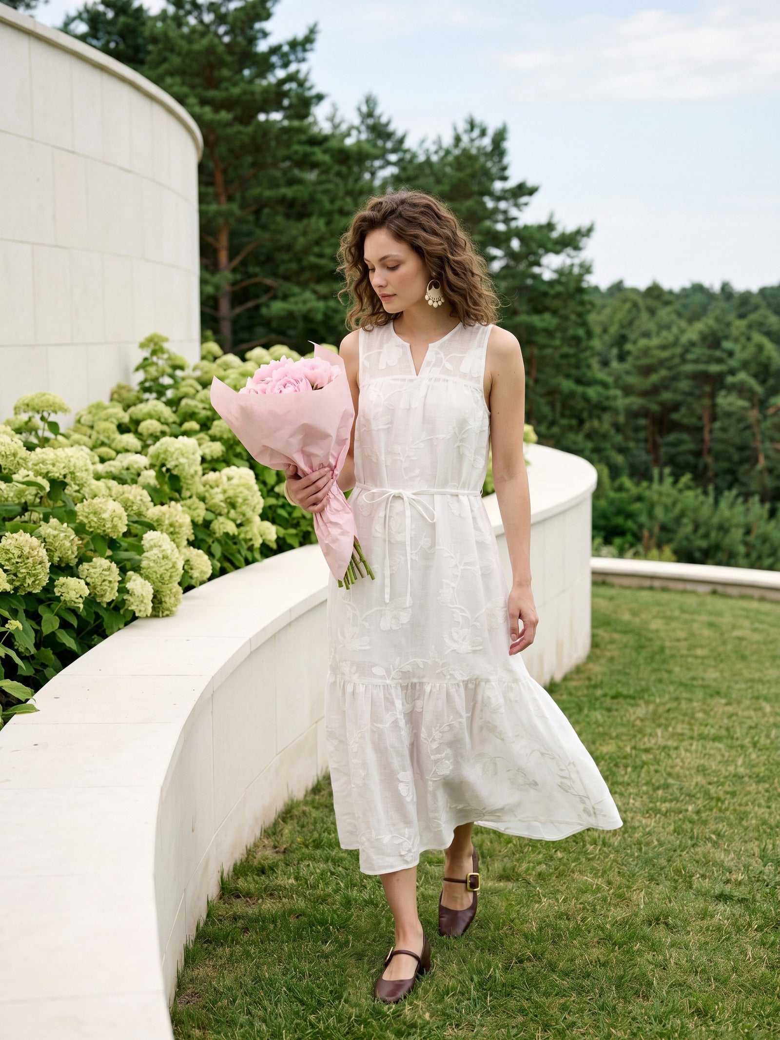 100% Linen Floral Applique Tie-Back Maxi Dress Set with Slip GENEVRA