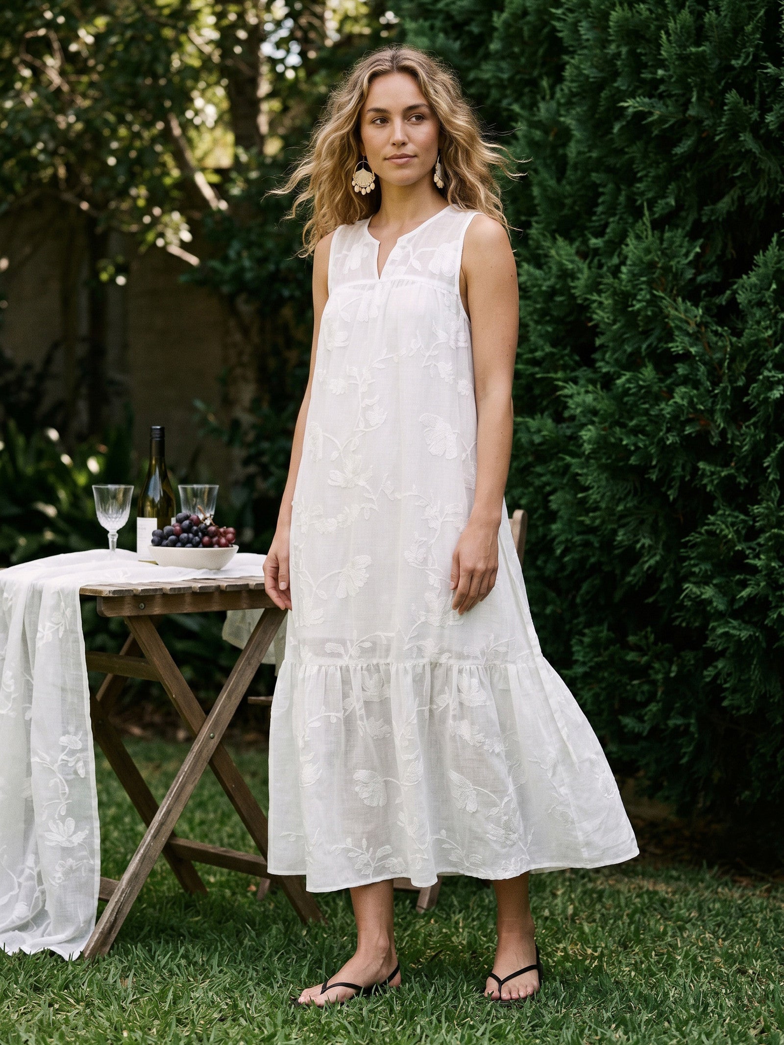 100% Linen Floral Applique Tie-Back Maxi Dress Set with Slip GENEVRA