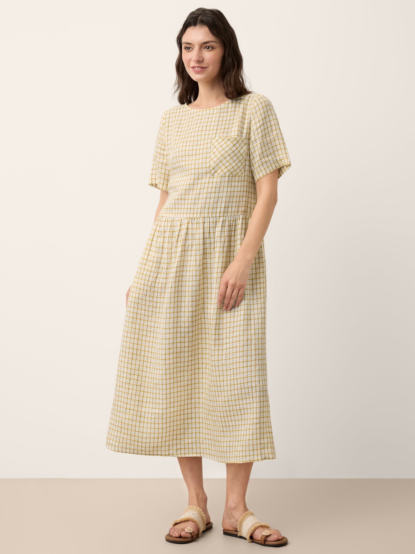 100% Linen Gingham Back Button Midi Dress ELISABETH