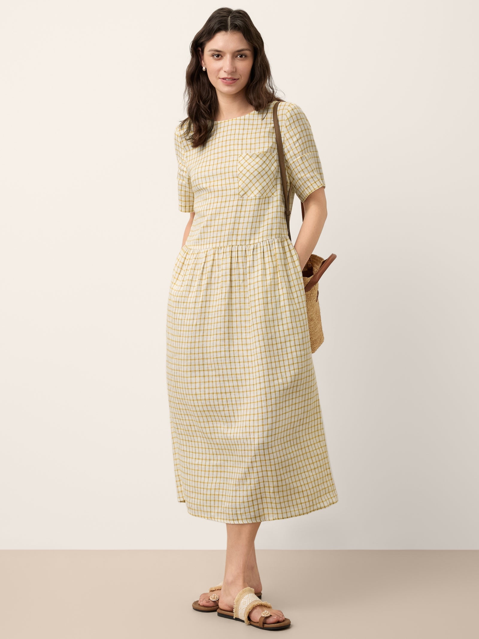 100% Linen Gingham Back Button Midi Dress ELISABETH