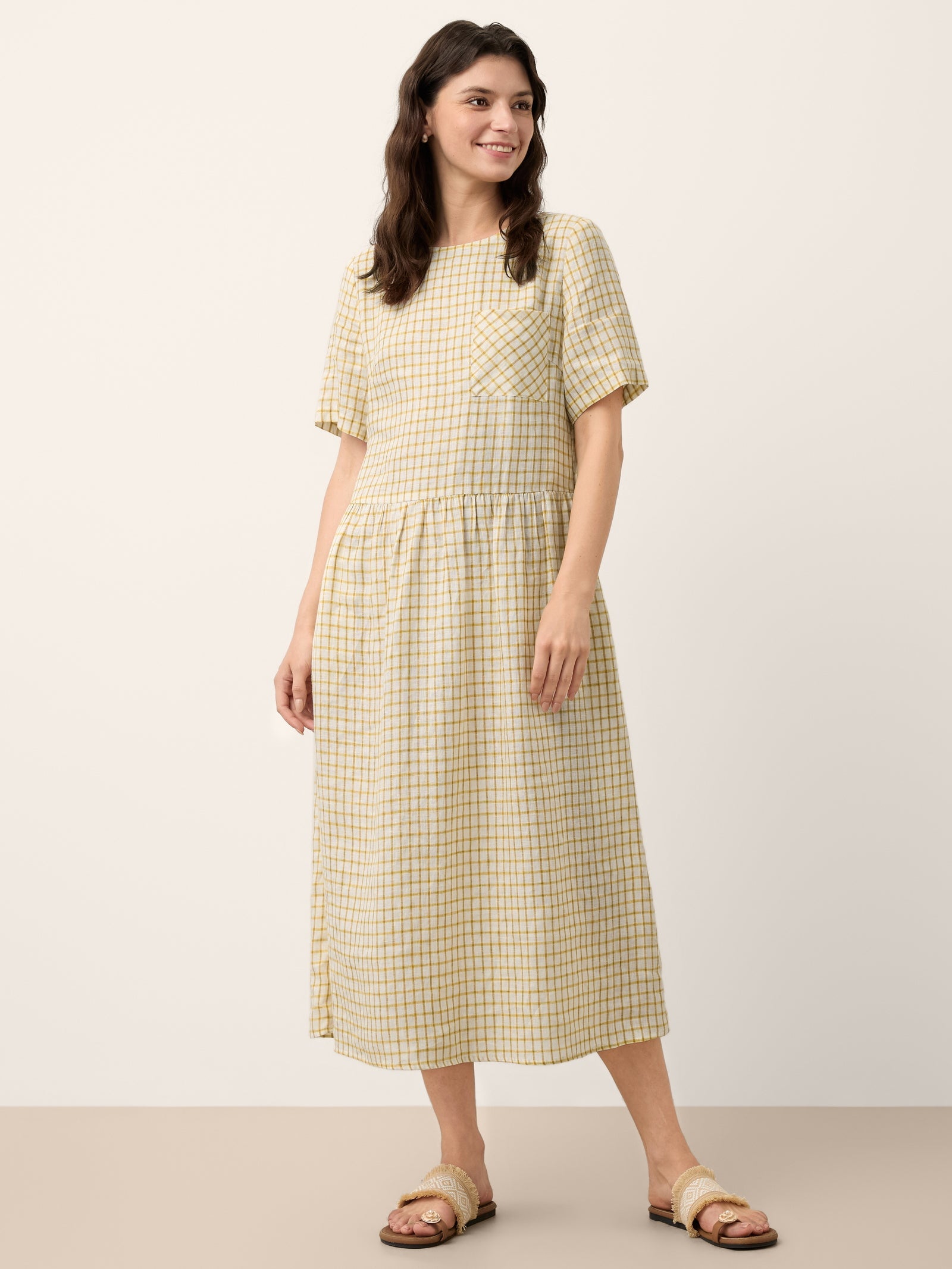 100% Linen Gingham Back Button Midi Dress ELISABETH