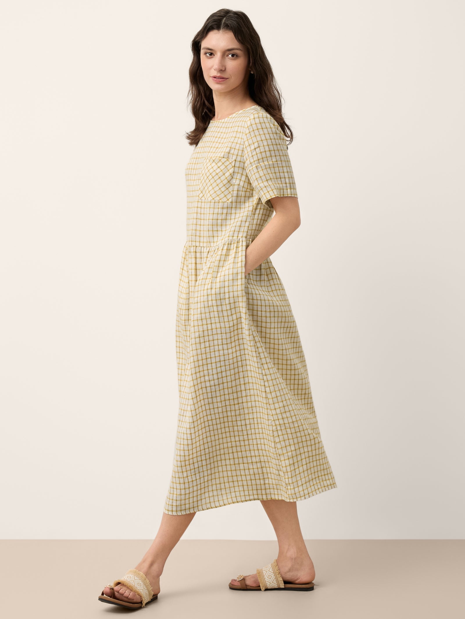 100% Linen Gingham Back Button Midi Dress ELISABETH