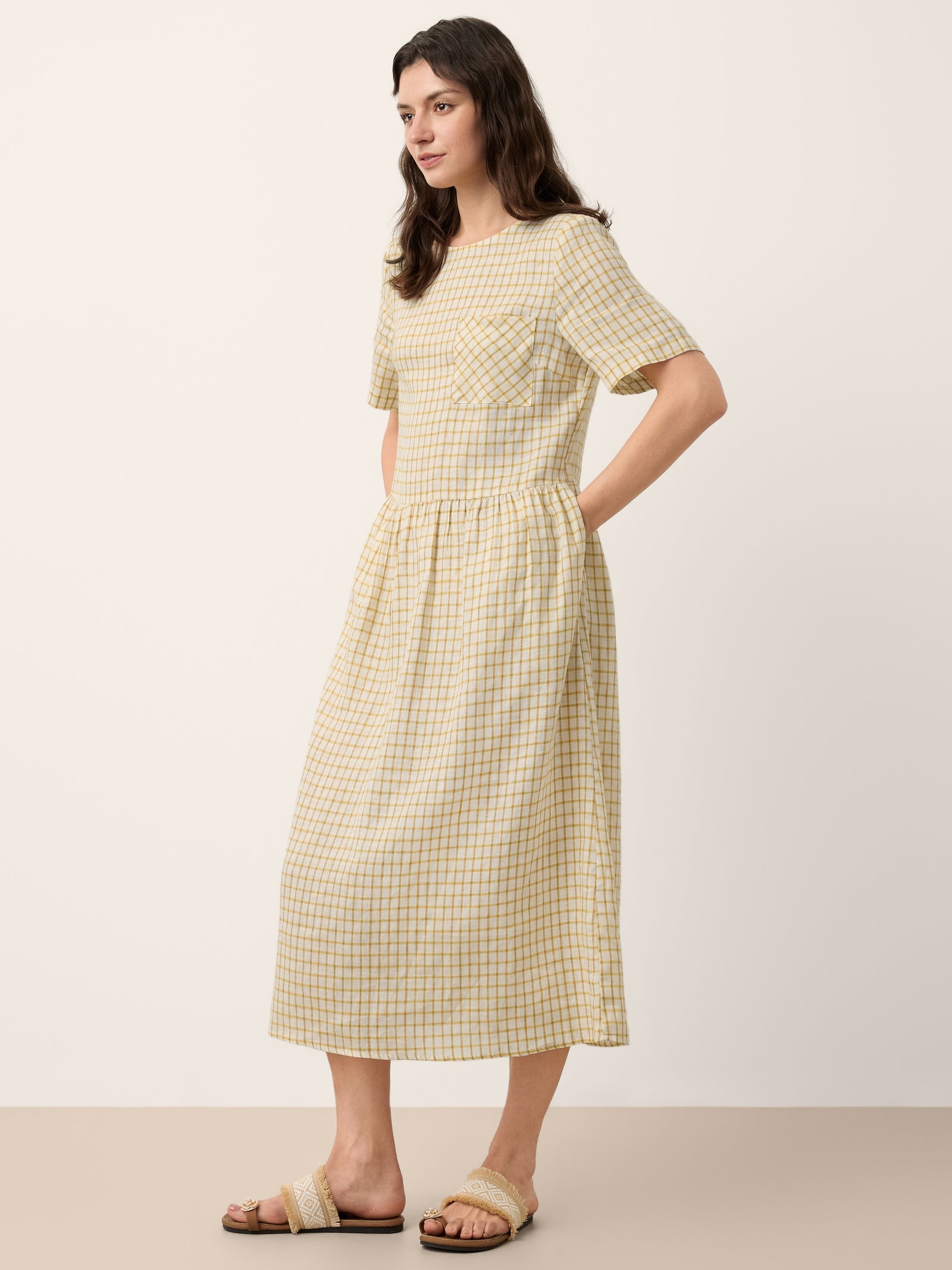 100% Linen Gingham Back Button Midi Dress ELISABETH