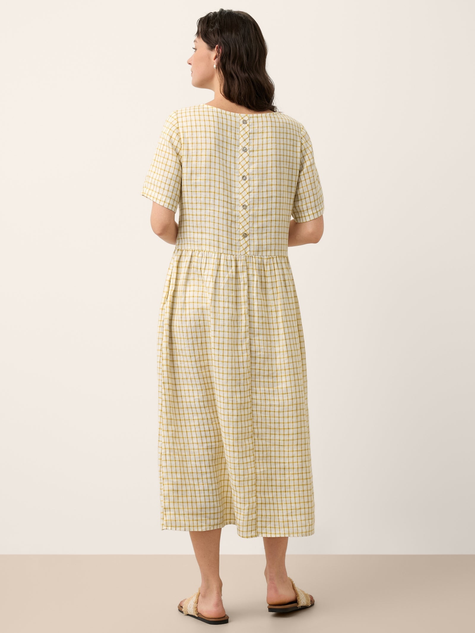 100% Linen Gingham Back Button Midi Dress ELISABETH