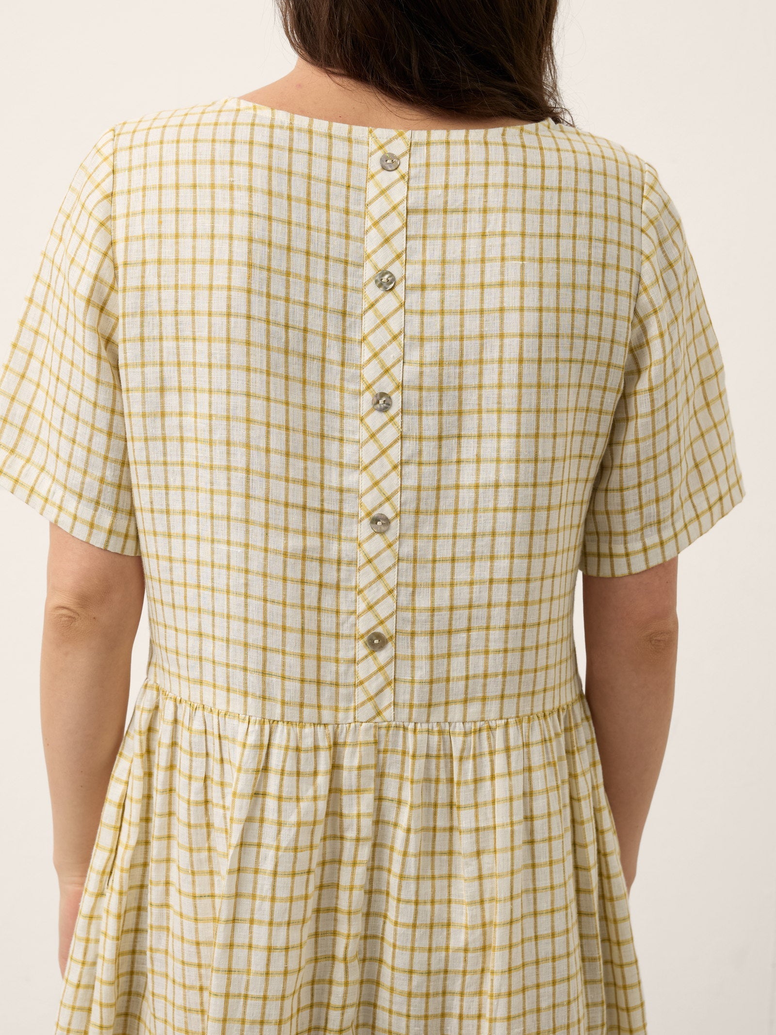 100% Linen Gingham Back Button Midi Dress ELISABETH