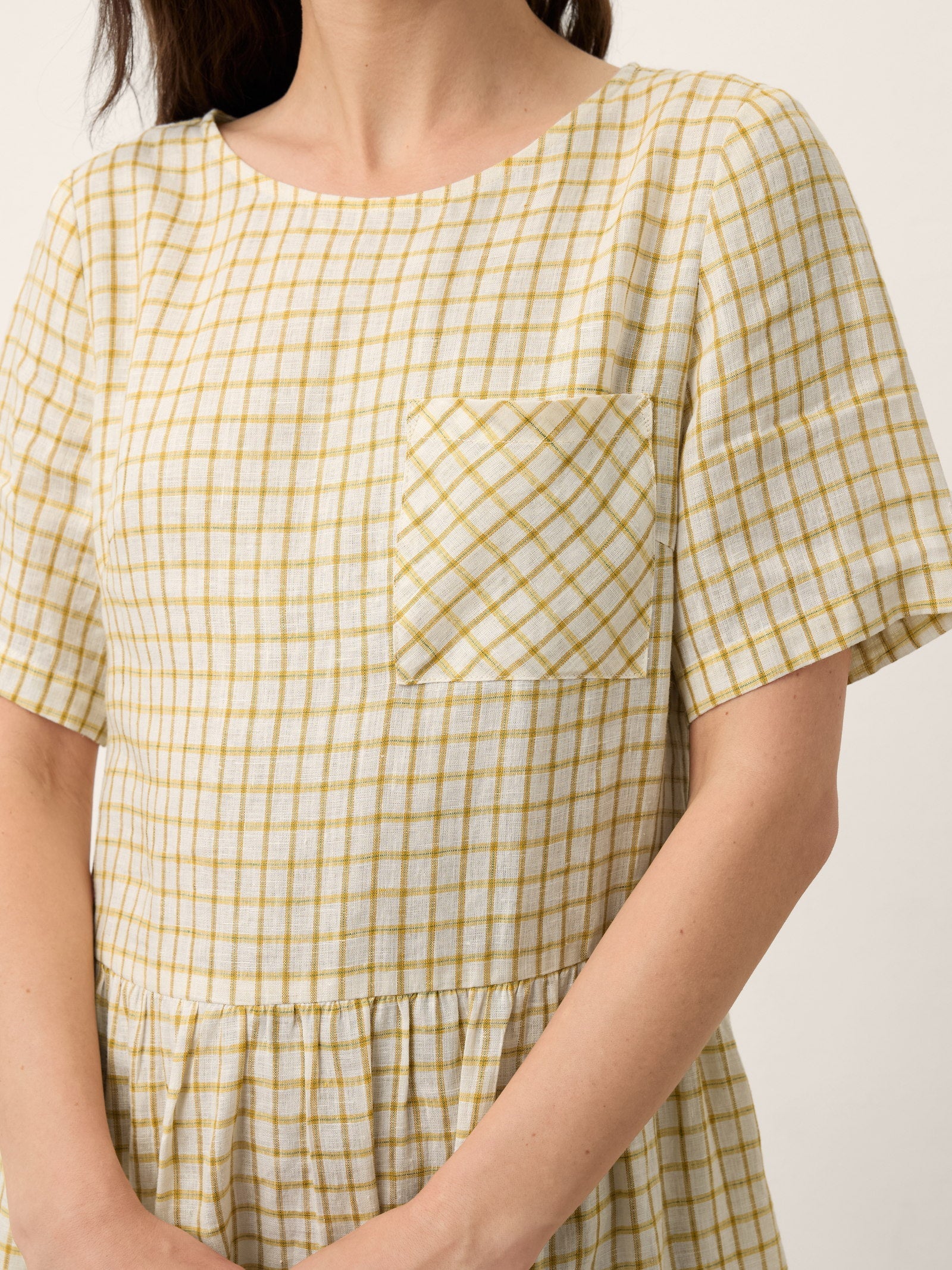 100% Linen Gingham Back Button Midi Dress ELISABETH