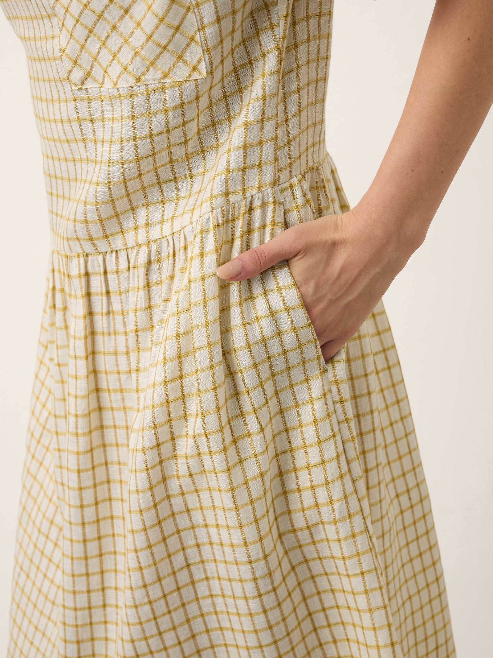 100% Linen Gingham Back Button Midi Dress ELISABETH