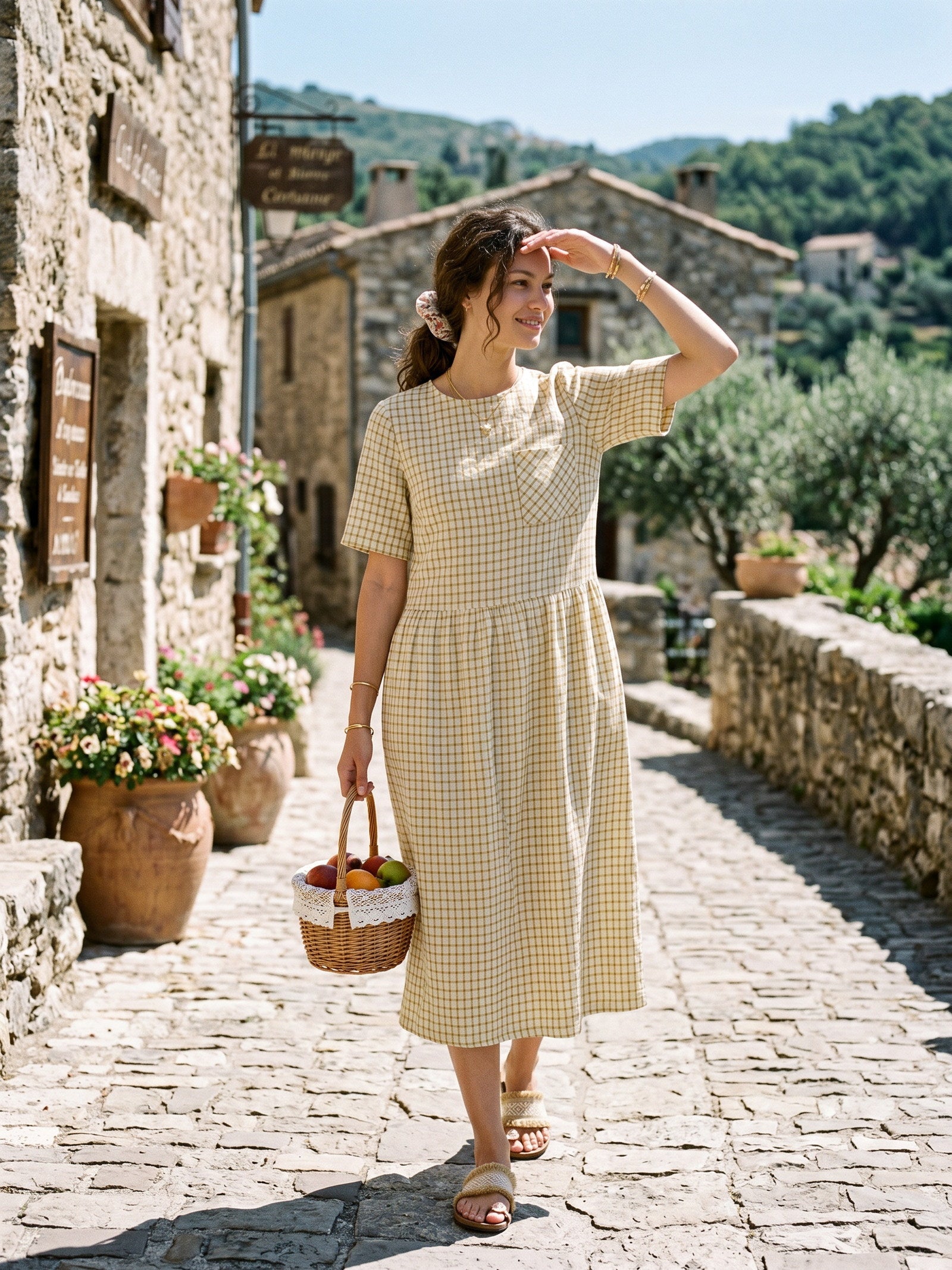 100% Linen Gingham Back Button Midi Dress ELISABETH