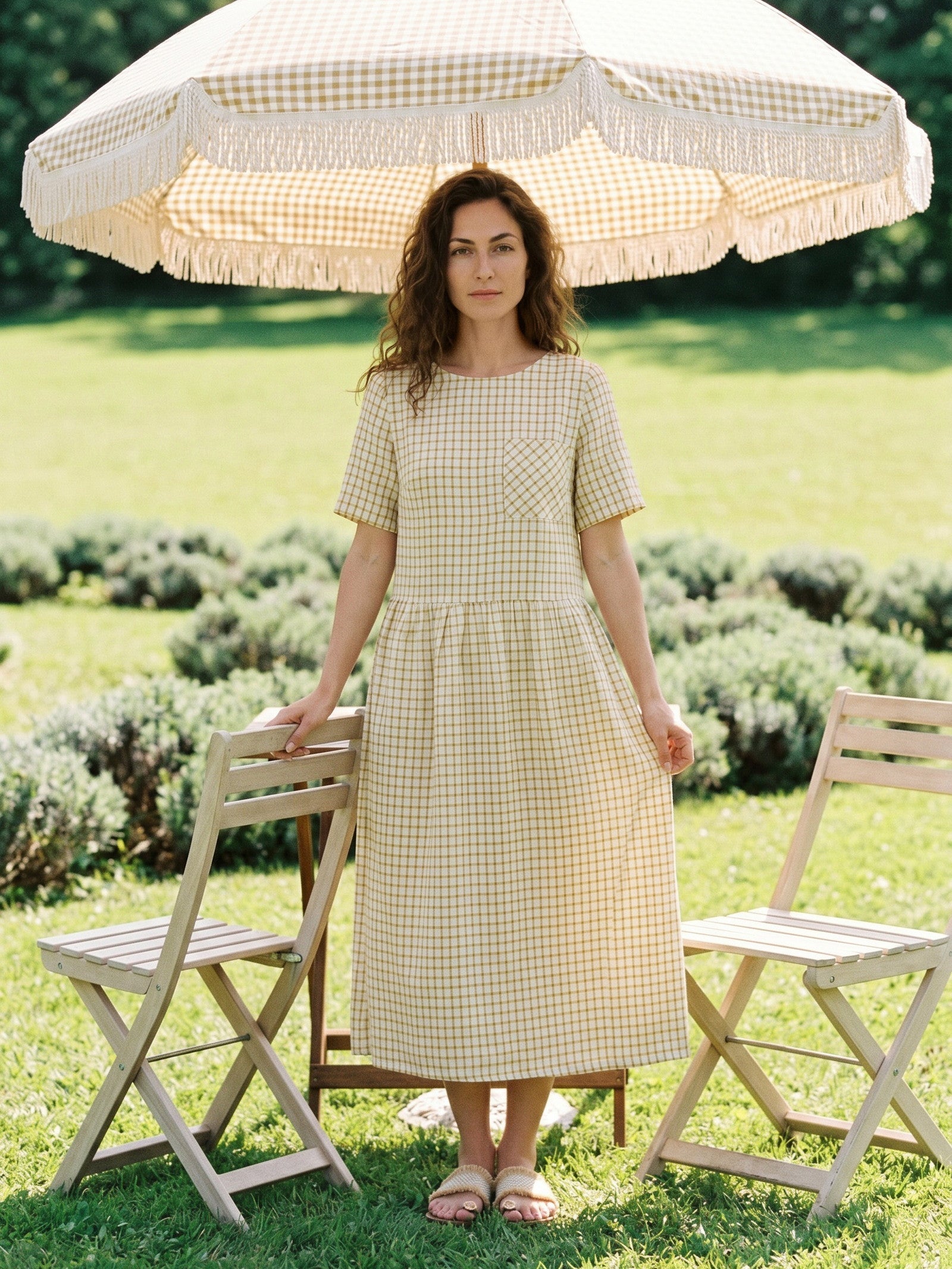 100% Linen Gingham Back Button Midi Dress ELISABETH