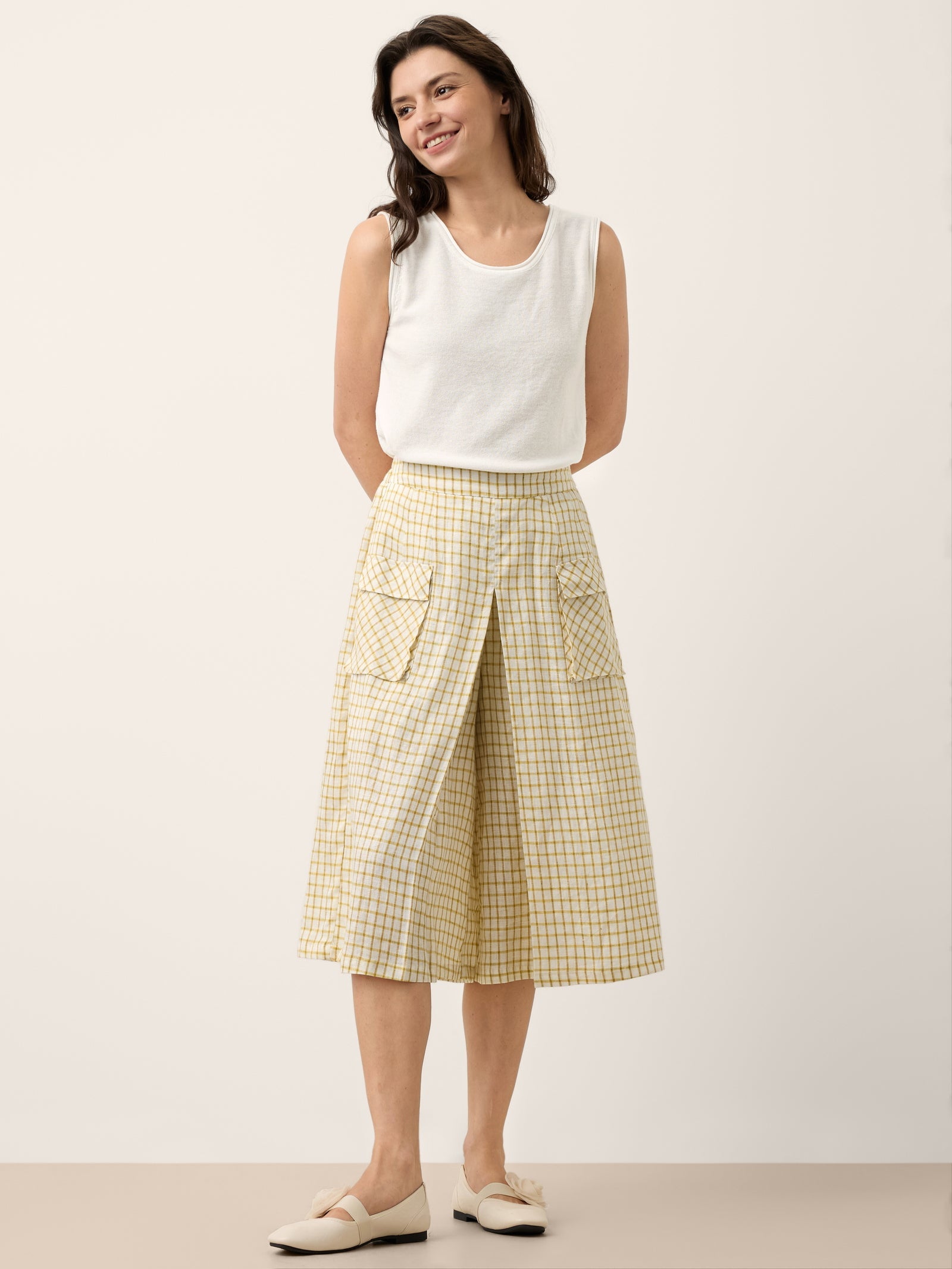 100% Linen Gingham Split Front Culotte Pants DAVINA