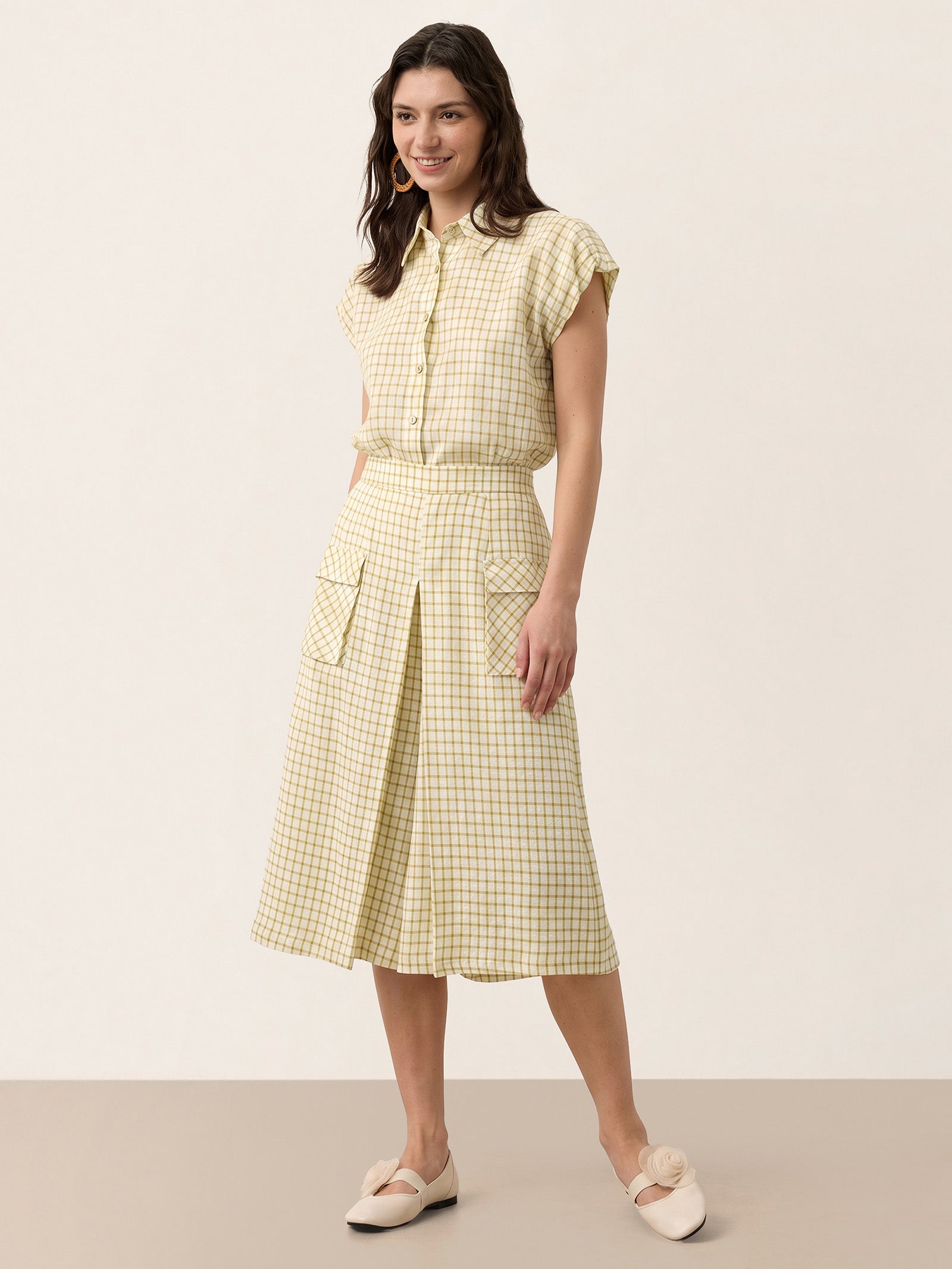 100% Linen Gingham Split Front Culotte Pants DAVINA