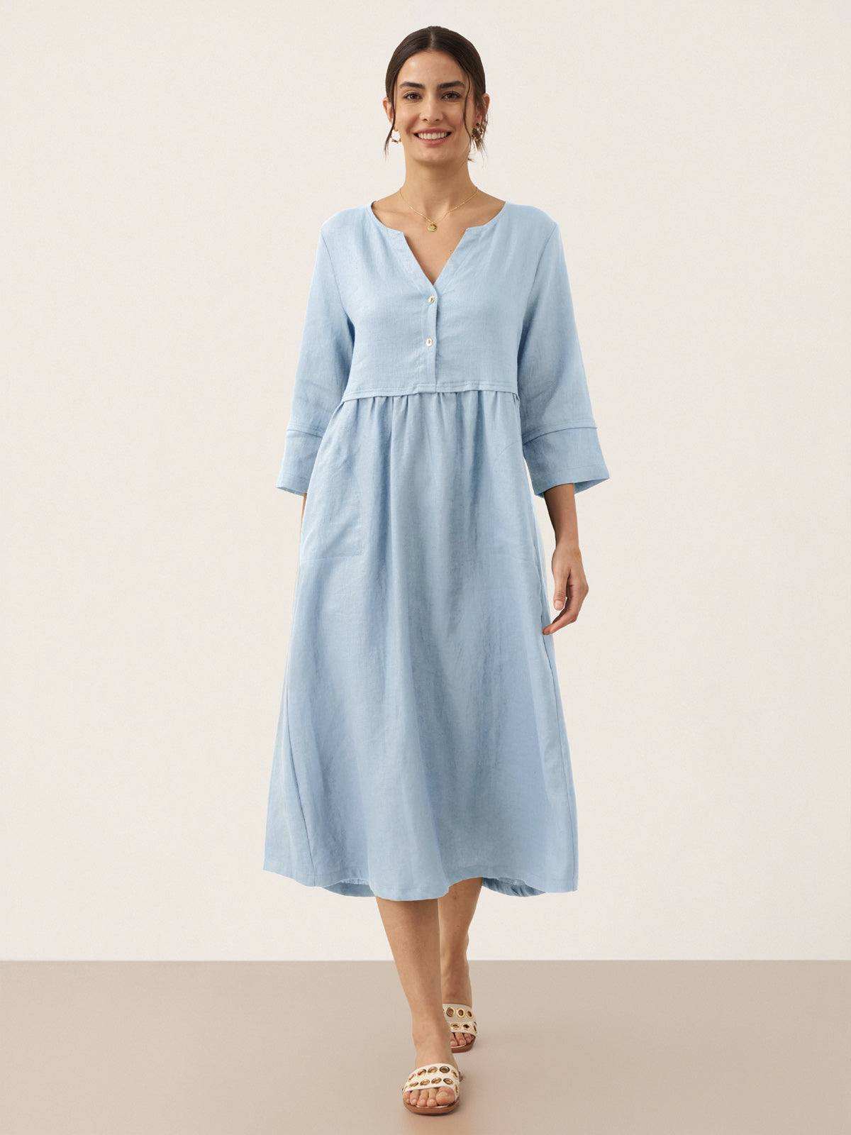100% Linen Loose Fit Button Waist Gathered Midi Dress