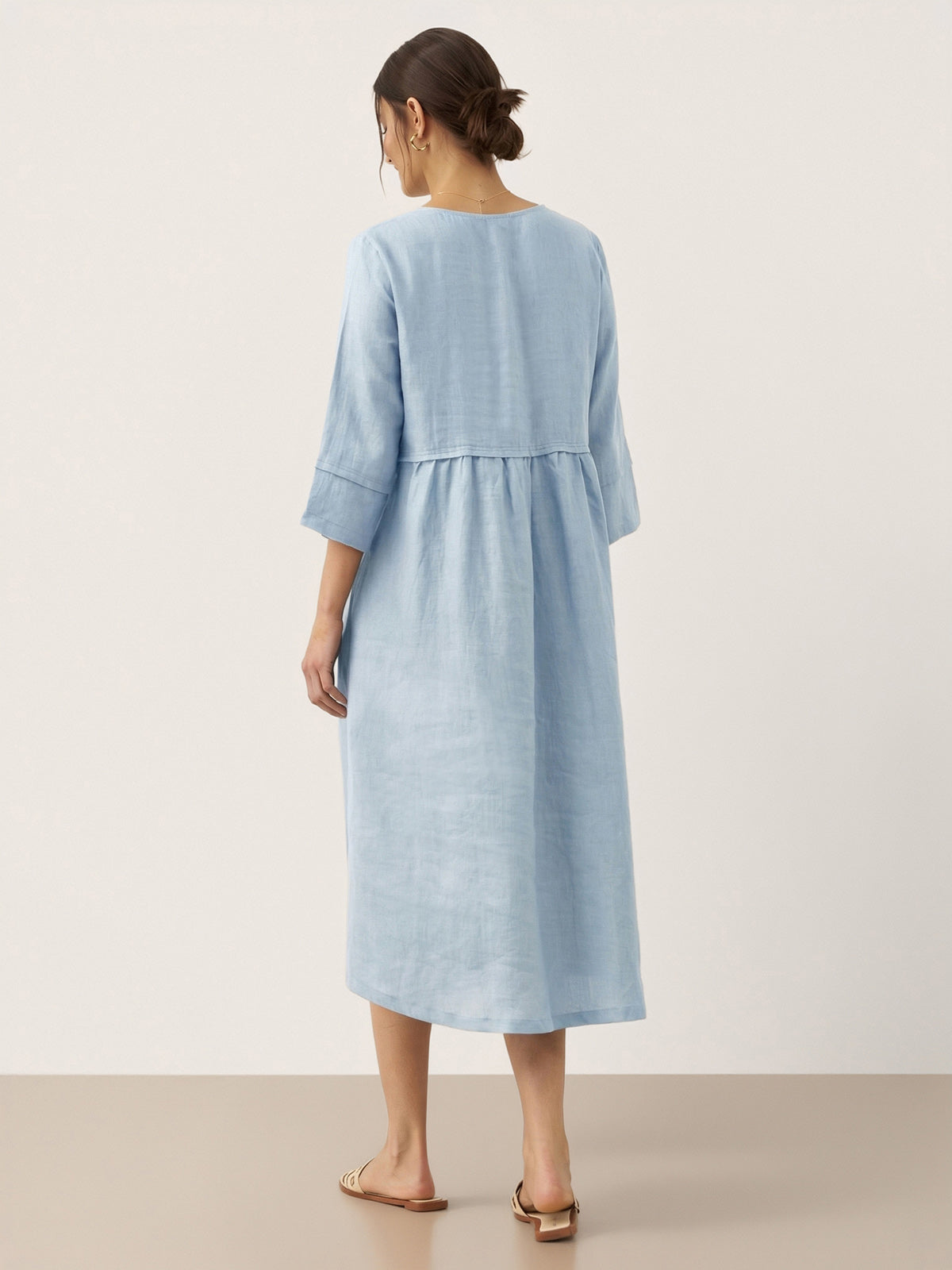 100% Linen Loose Fit Button Waist Gathered Maxi Dress LUNA