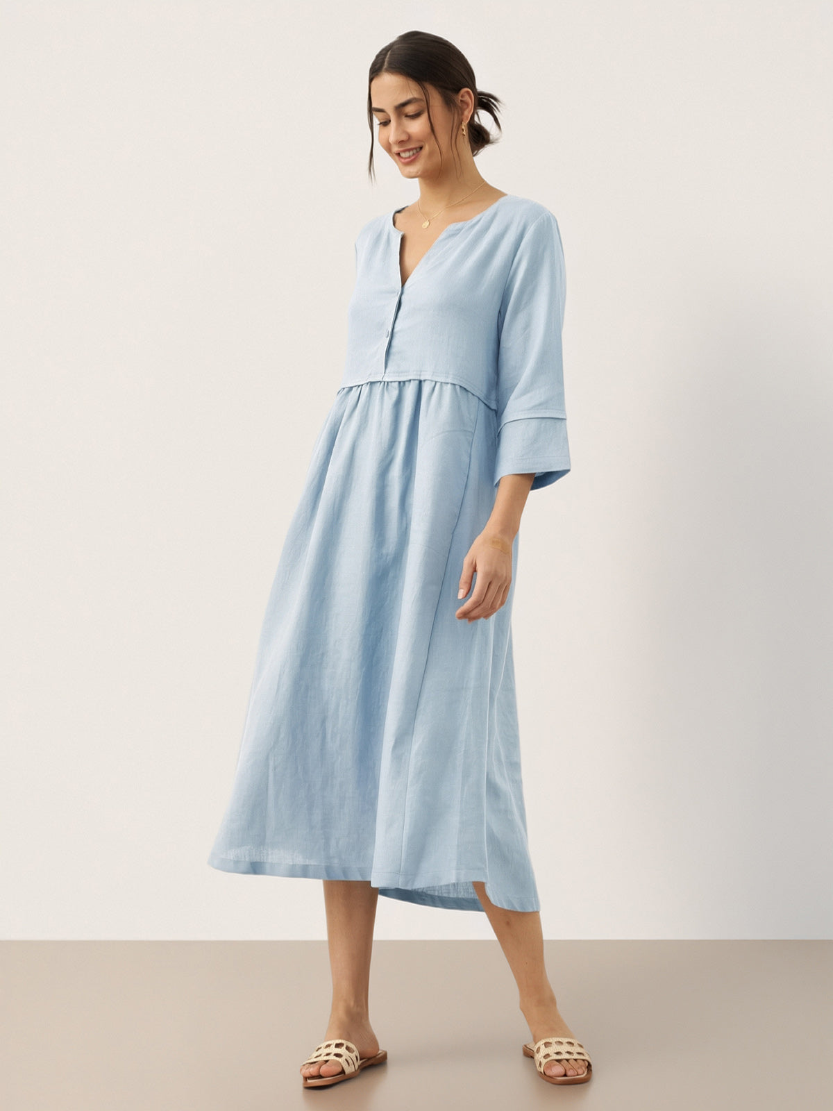 100% Linen Loose Fit Button Waist Gathered Midi Dress