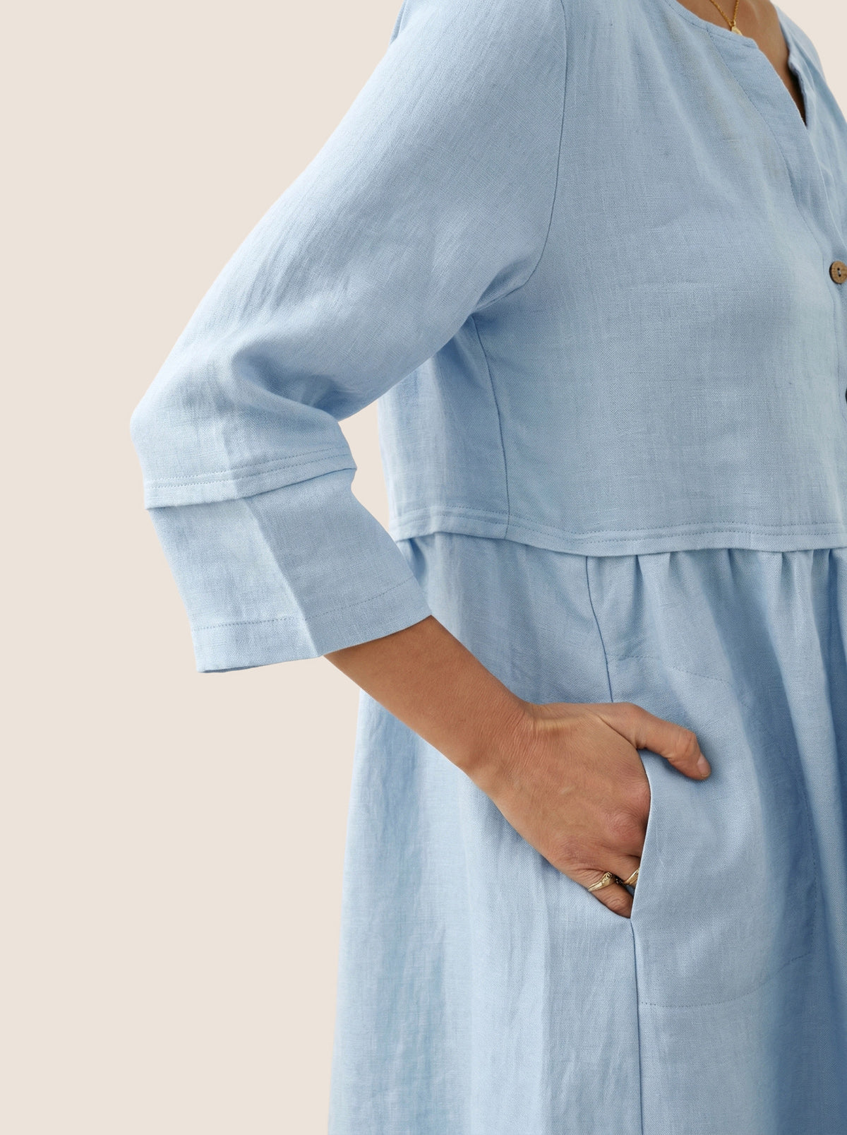 100% Linen Loose Fit Button Waist Gathered Midi Dress