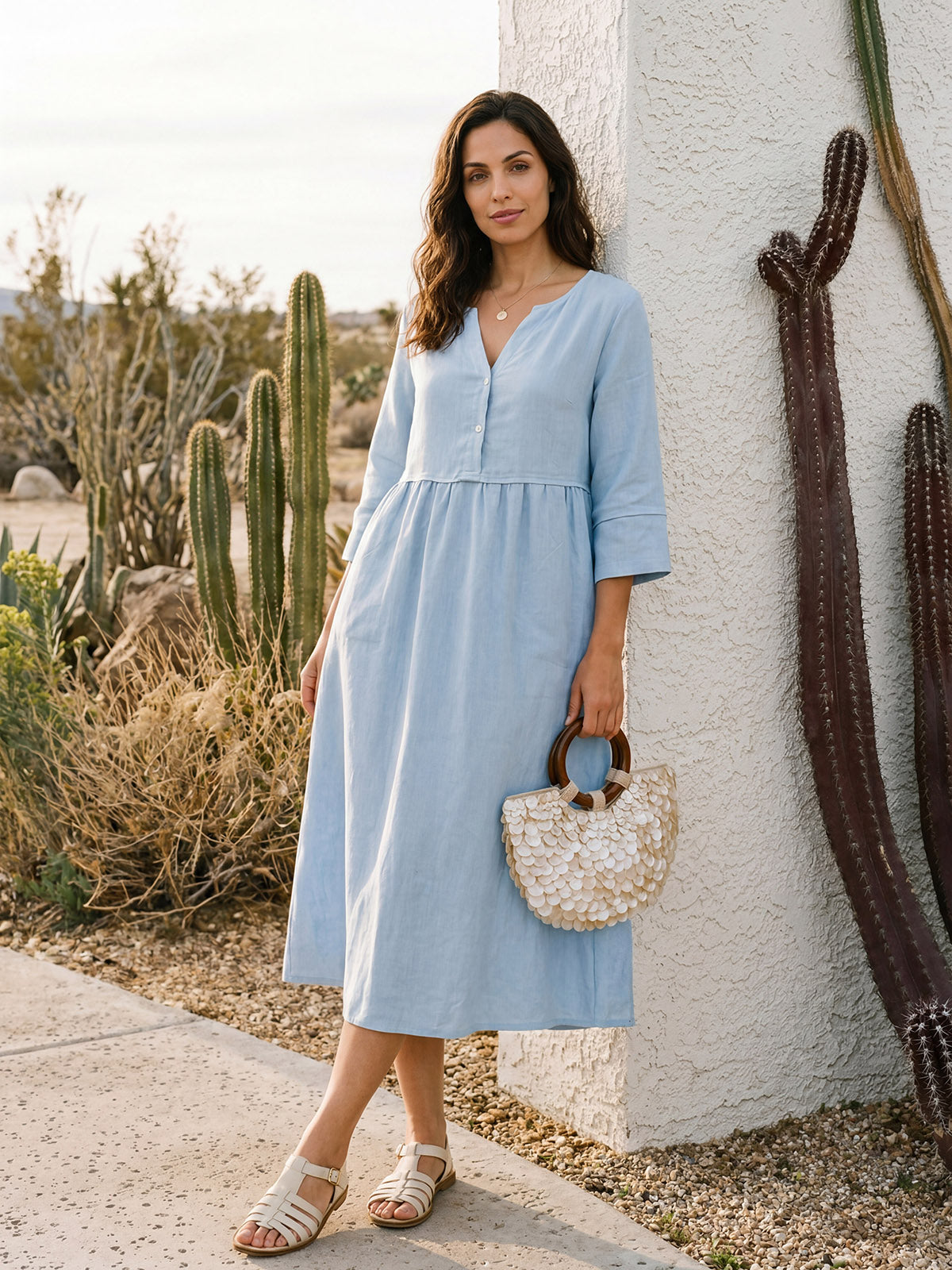100% Linen Loose Fit Button Waist Gathered Midi Dress