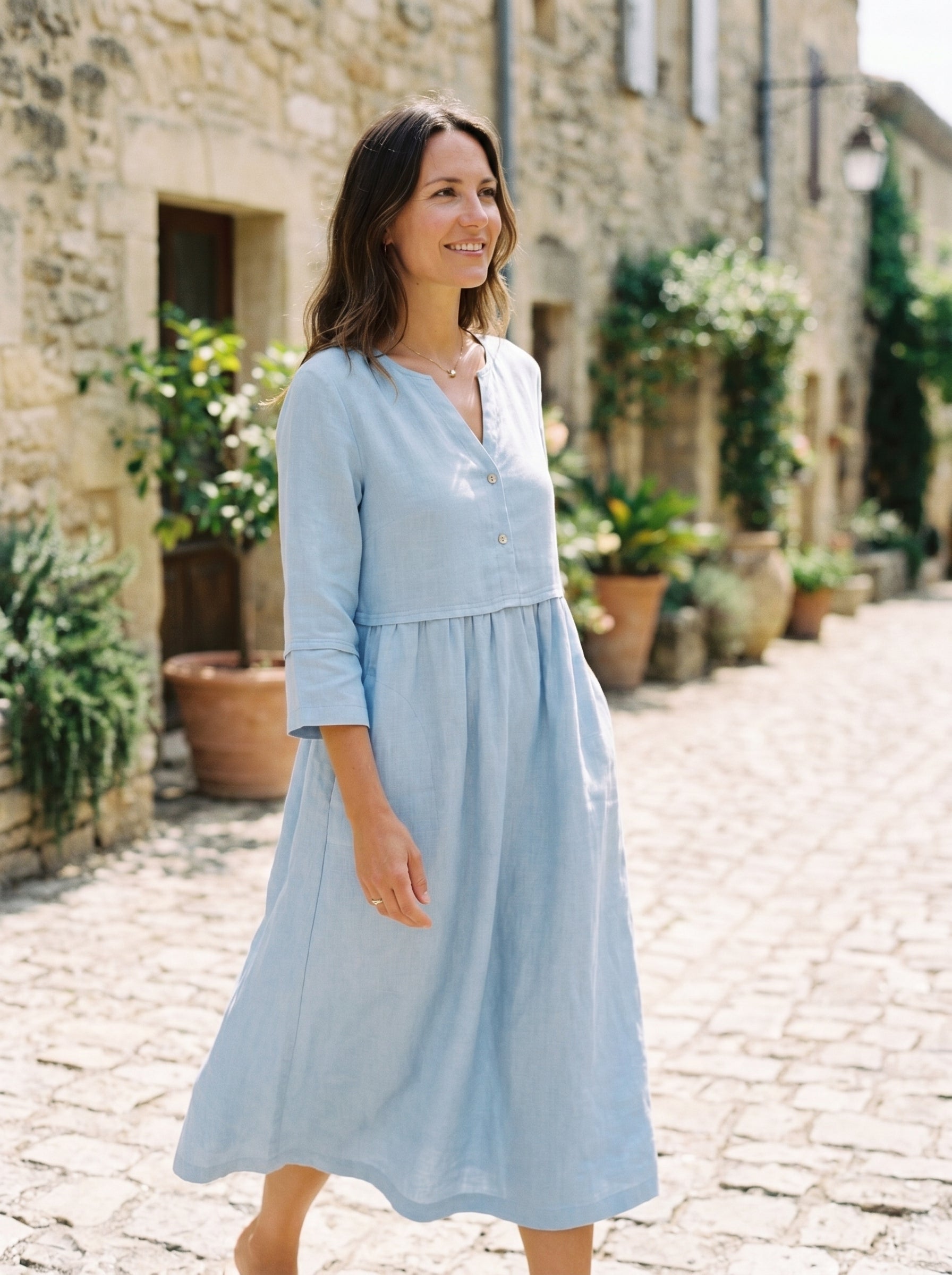 100% Linen Loose Fit Button Waist Gathered Maxi Dress LUNA