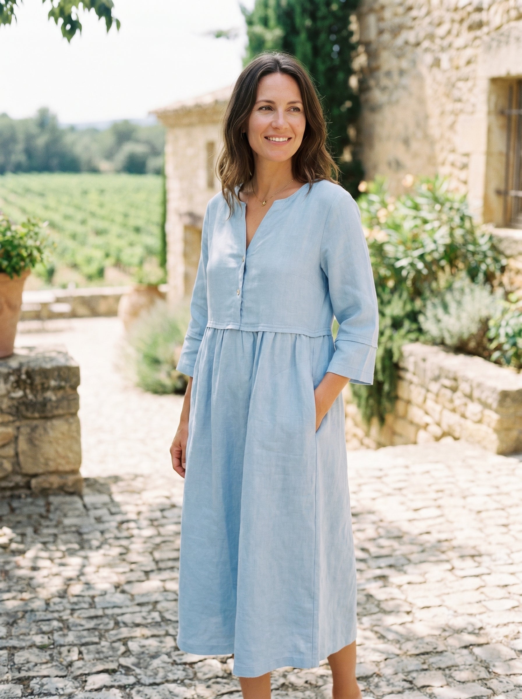 100% Linen Loose Fit Button Waist Gathered Maxi Dress LUNA