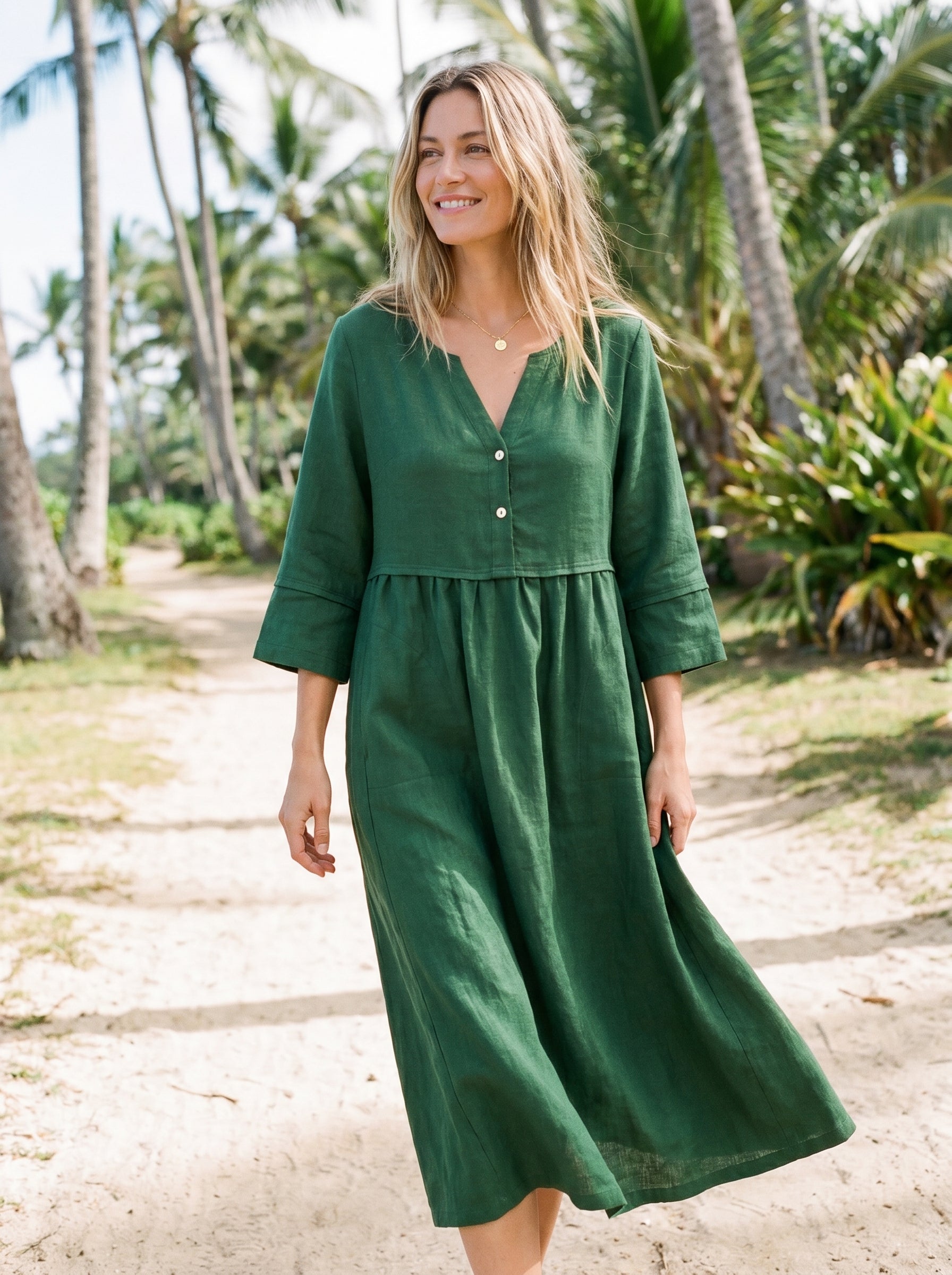100% Linen Loose Fit Button Waist Gathered Midi Dress