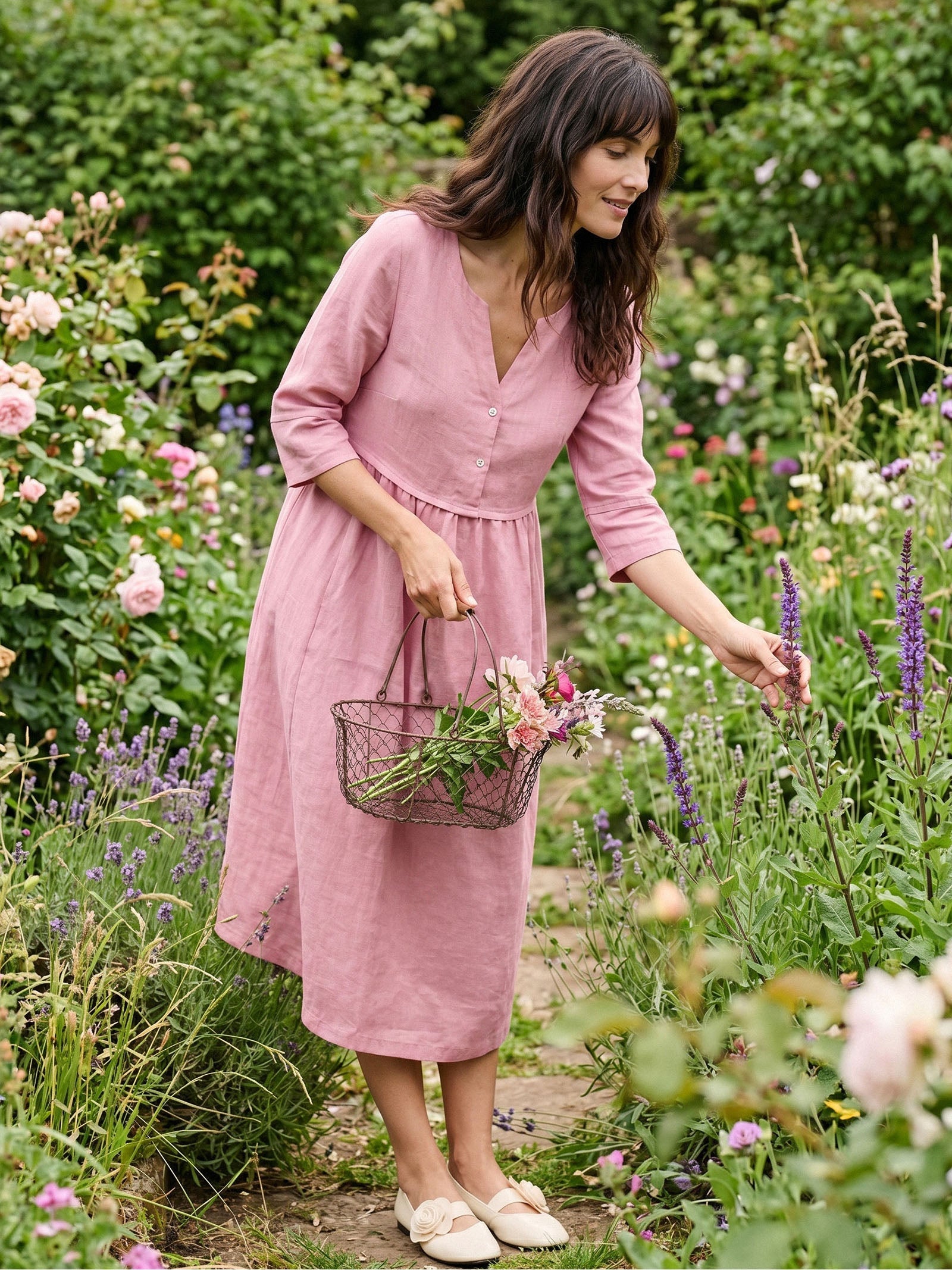 100% Linen Loose Fit Button Waist Gathered Midi Dress