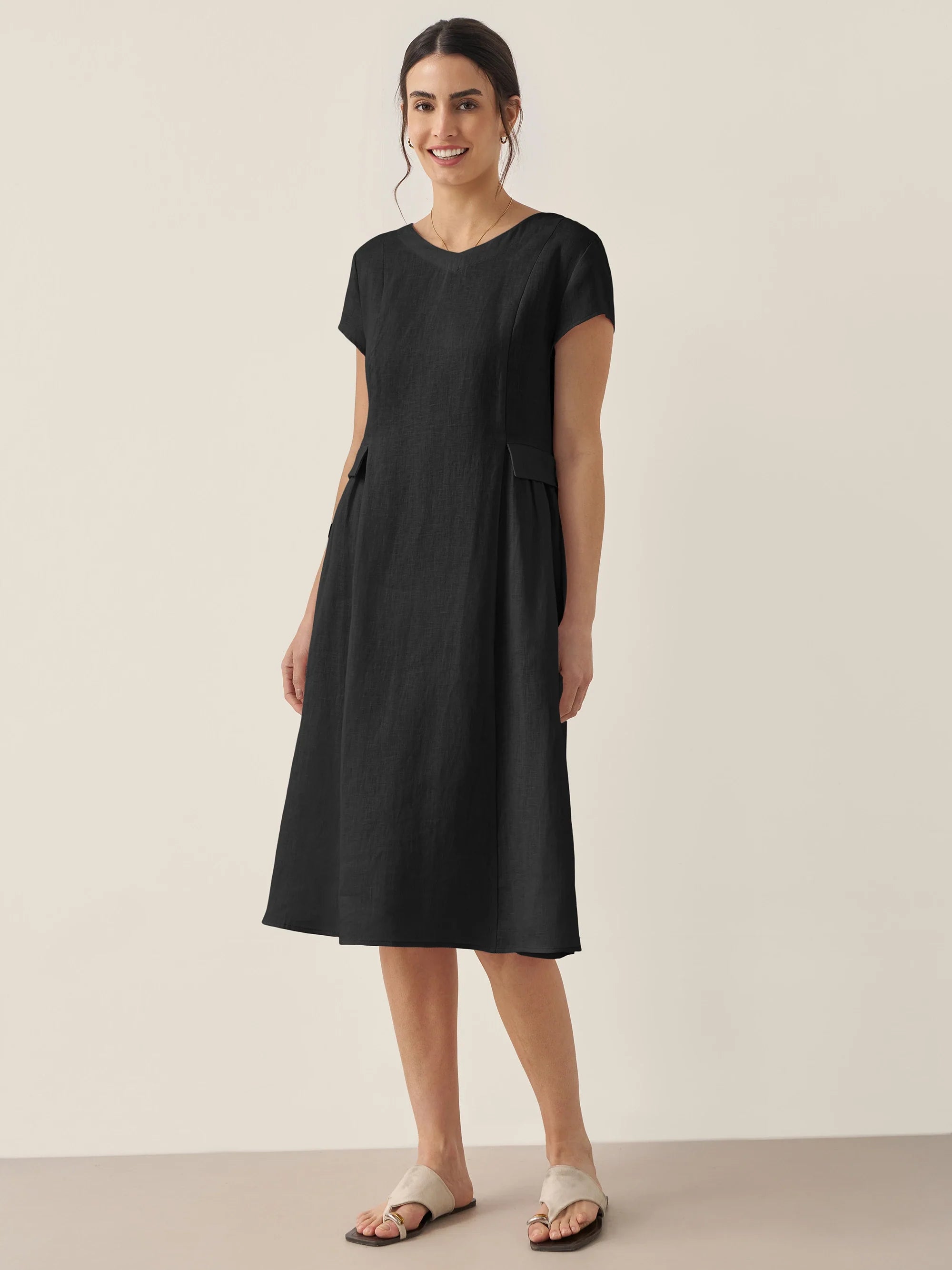 100% Linen Natural Summer V-Neck Dress ALEXA